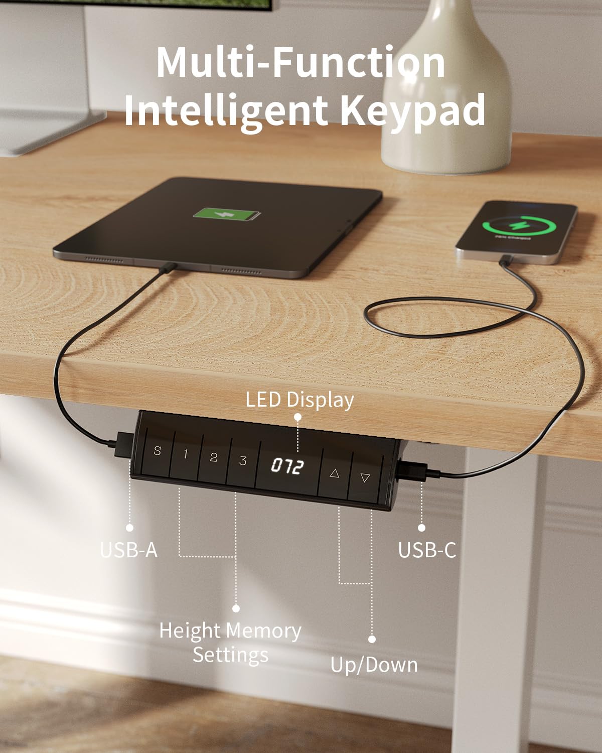 FEZIBO Höhenverstellbarer Schreibtisch EINTEILIGER Tischplatte, 120 x 60 cm Schreibtisch Höhenverstellbar mit USB-A und USB-C-Ladeanschlüssen, Steh-Sitz Tisch für Heimbüro, Standing Desk, Eiche