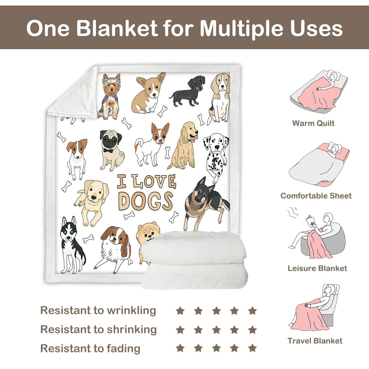 Sleepwish Sherpa Fleece Blanket - Puppy Dog Plush Throw, 50x60 Inches, Super Soft & Warm, Reversible, Machine Washable