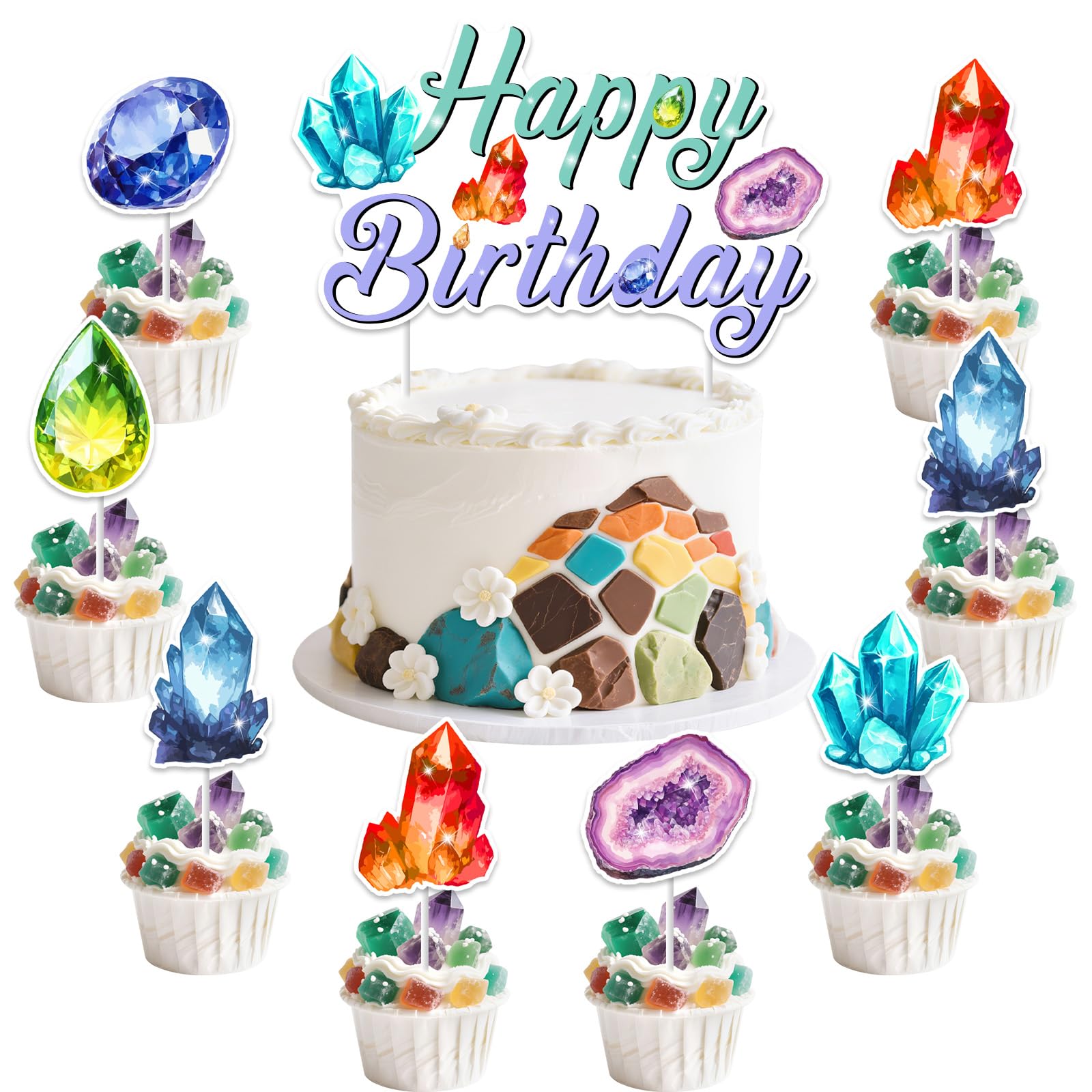 Cheerupp 25 Pcs Gemstone Birthday Cake & Cupcake Topper Set, Crystal Diamond Happy Birthday Cake Topper Decor, Geology Theme Cupcake Picks for Birthday Party Supplies
