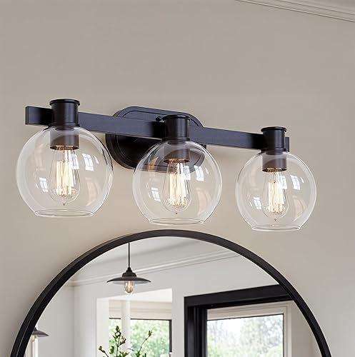 Miniatura 6 de Dan Modern Farmhouse - Lámpara de tocador de 3 luces industrial con pantalla de globo de vidrio transparente para dormitorio, pasillo, cocina,