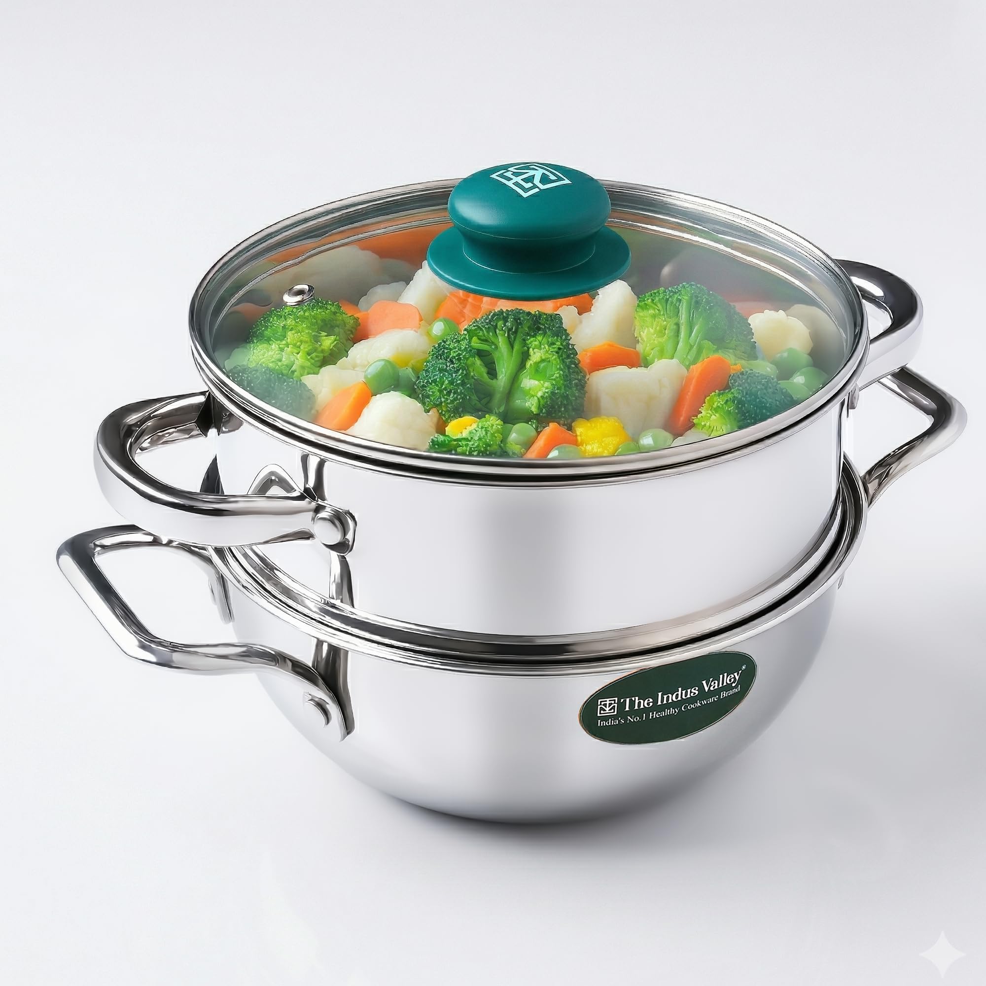 The Indus Valley Triply Stainless Steel Cookware Set of 3 | 20cm Triply Deep Kadai (2.2L) and Stainess Steel Steamer with Common Glass Lid | Induction Base | Multipurpose Cooking – Steam, Fry, Boil & Cook | Perfect for Momos, Dum & Curries