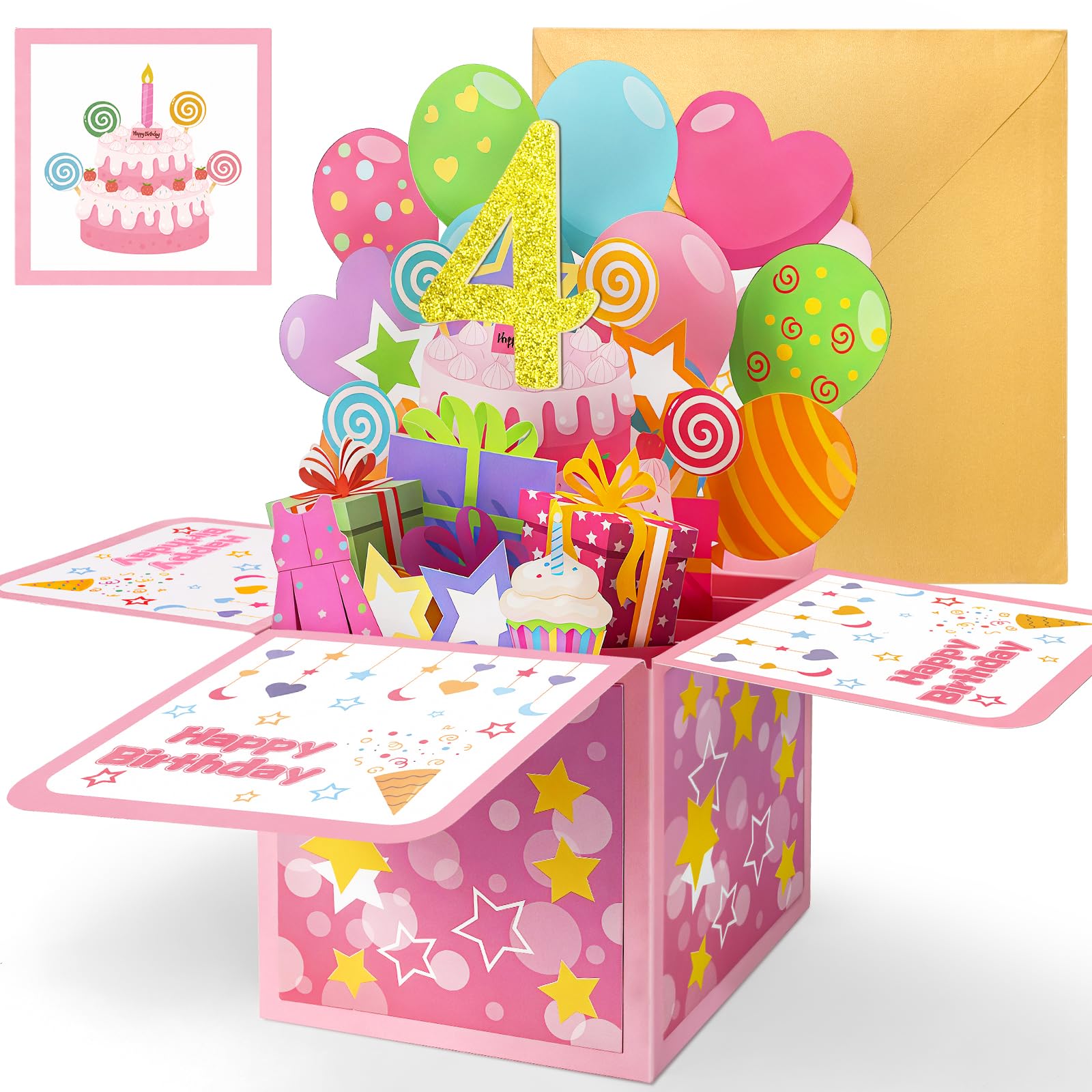 Tarjeta de cumpleaños de 4 años, tarjeta de cumpleaños 3D rosa desplegable para niña, nieta, hija, sobrina, regalos de 4º cumpleaños y decoraciones para niñas, tarjetas de felicitación con