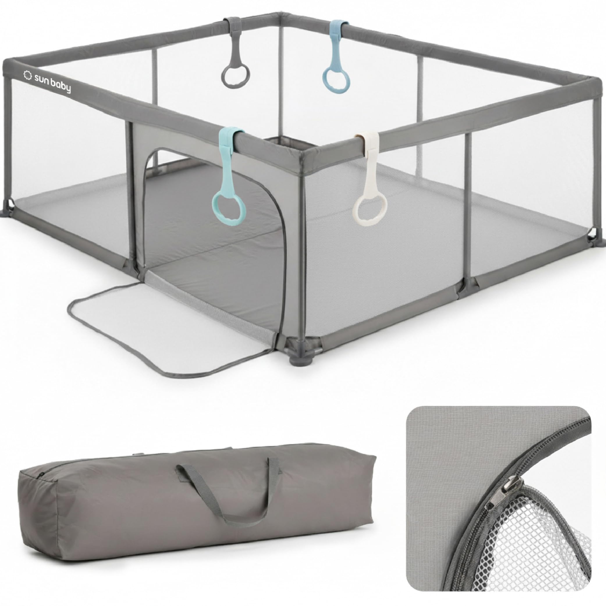 sun baby Laufstall mit grünen Griffen 150x200 cm 0-2 Jahre Grau, Polyester, Netzwände, Eingang mit Reißverschluss, rutschfeste Füße, Tragetasche im Set, Metallrahmen