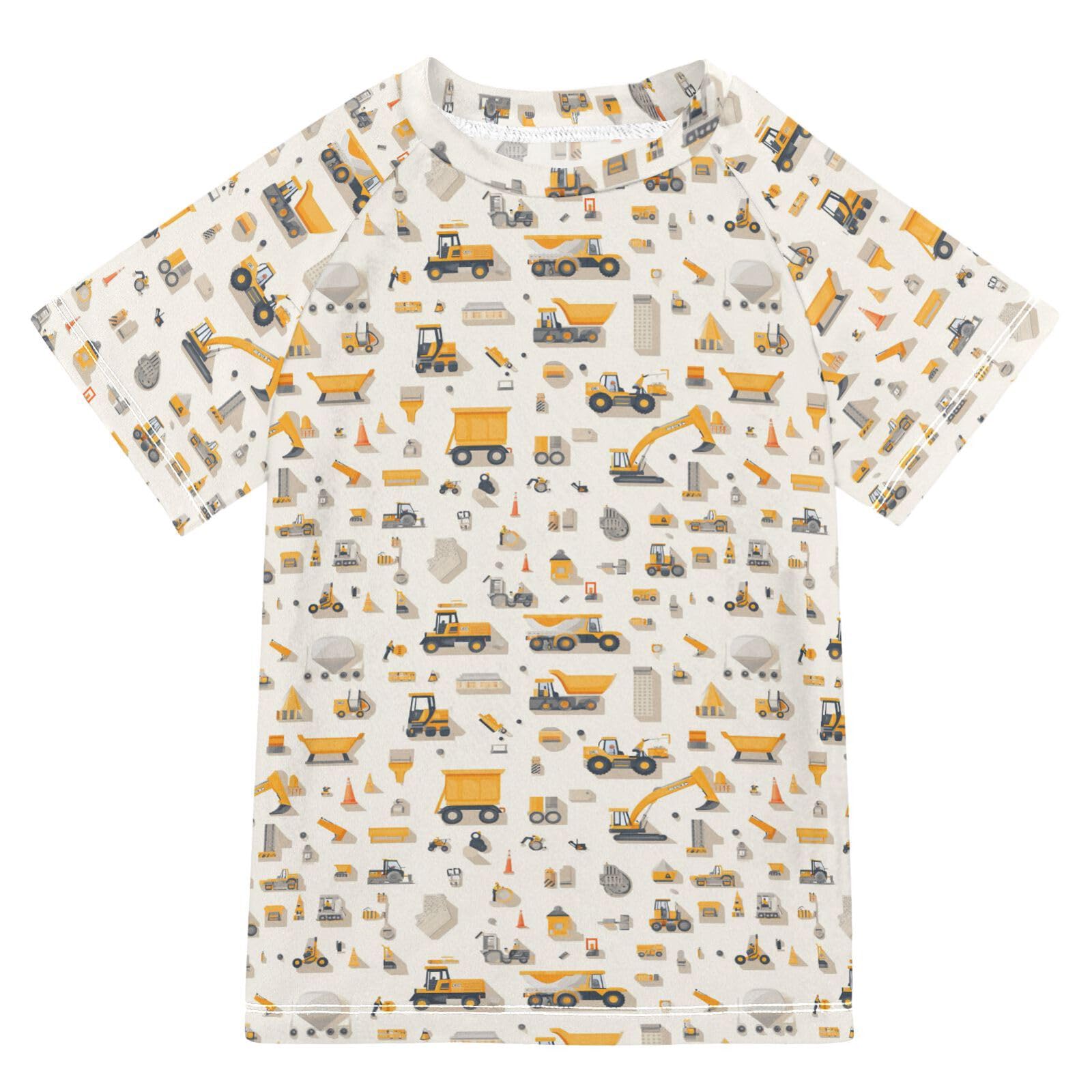 KLL Bathing Suit Girls Short Sleeve Rash Guard Swimsuit 5T Construction Scene Build A House Grader Concrete Mixer Truck