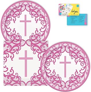 Lobyn Party Plates and Napkins - Elegant Fancy Pink Cross Theme - 7” Cake Plates - 16 Count - Ideal for Religious Parties, Communion, and Confirmation