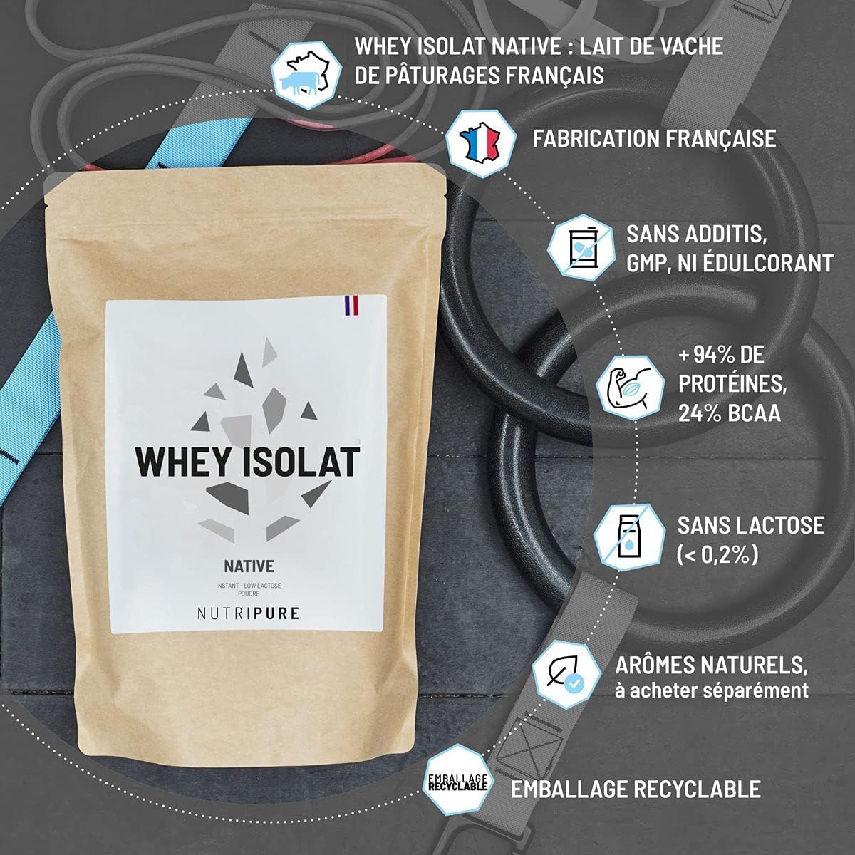 Nutripure - Whey Isolate Native - 23g de Protéines - Goût Chocolat - 2 kg | Développement Musculaire, Prise de Masse & Sèche - 19% BCAA, 39% EAA - Filtration à Froid - 66 Portions - Made in France
