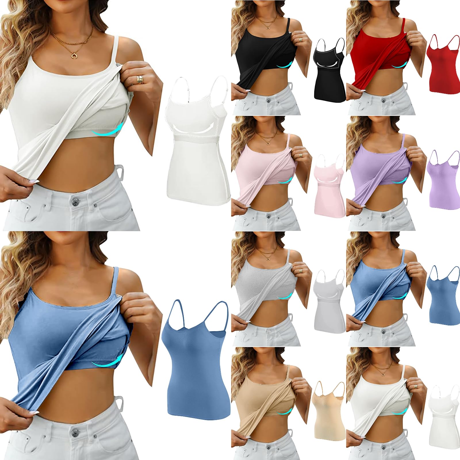 Damen Top Mit Integriertem BH - Baumwolle Spaghetti Träger Ohne Bügel Mit Cups