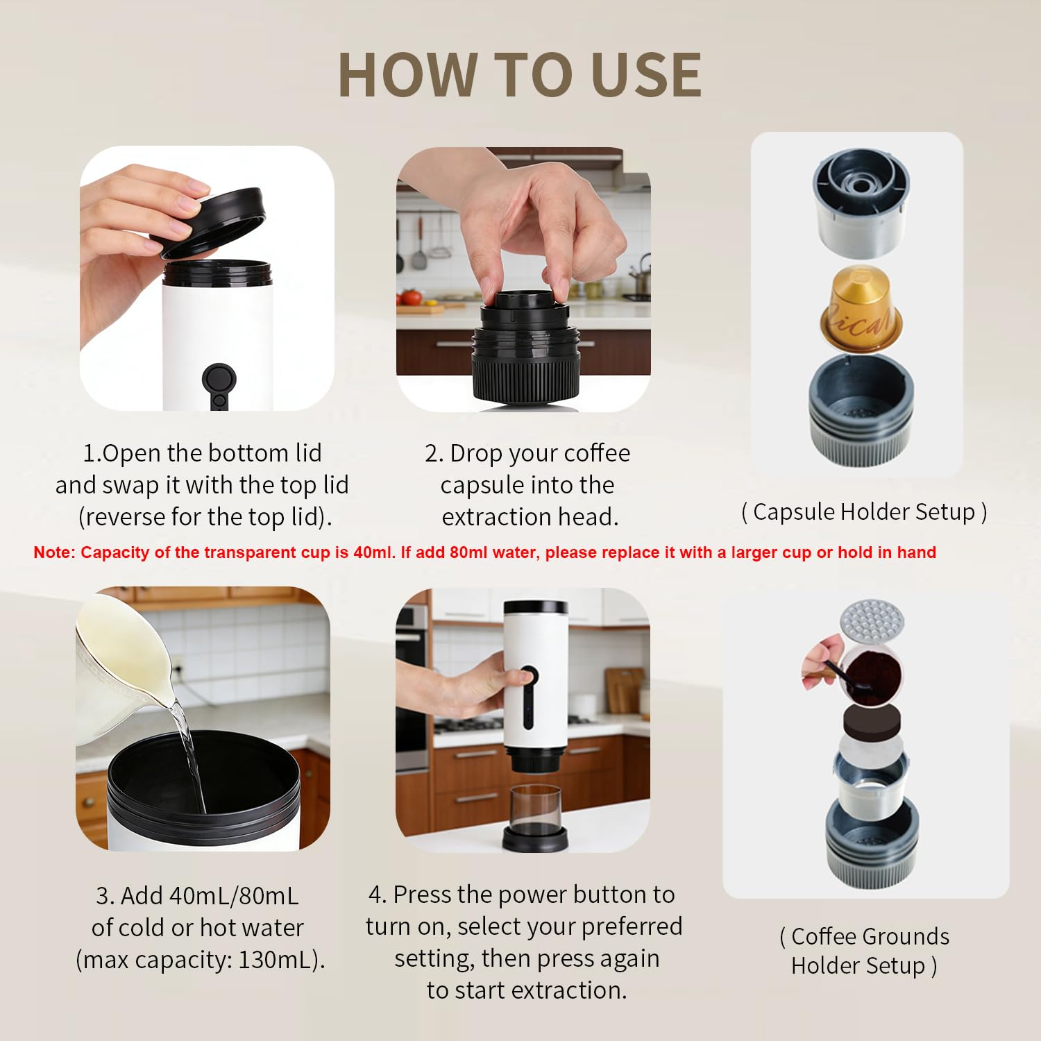 SANMAS Cafetera espresso portátil, cafetera de autocalentamiento recargable por USB-C, para viajes y camping, compatible con café molido y cápsulas, cafetera eléctrica compacta para coche, caravana