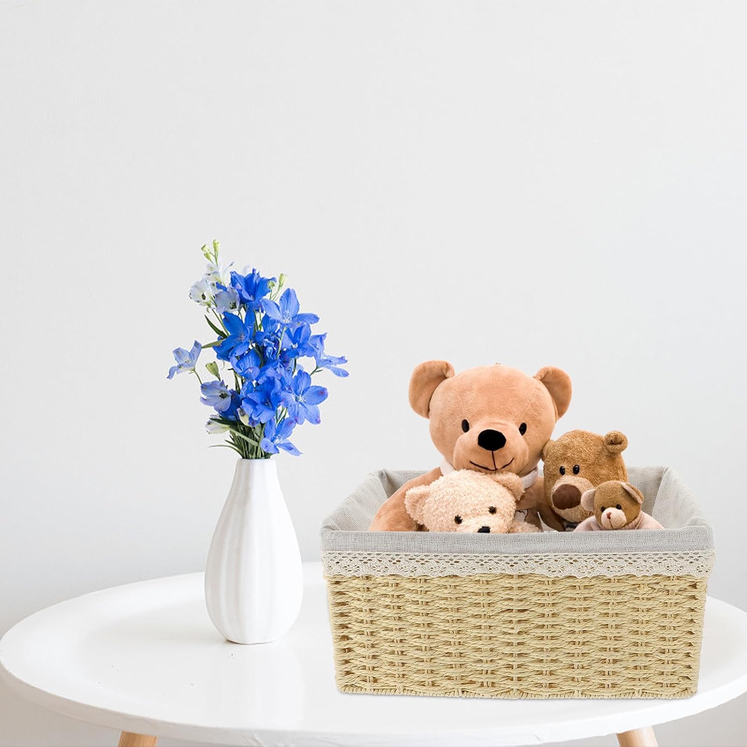 Desktop Woven Storage Basket with Liner Large Capacity Beige