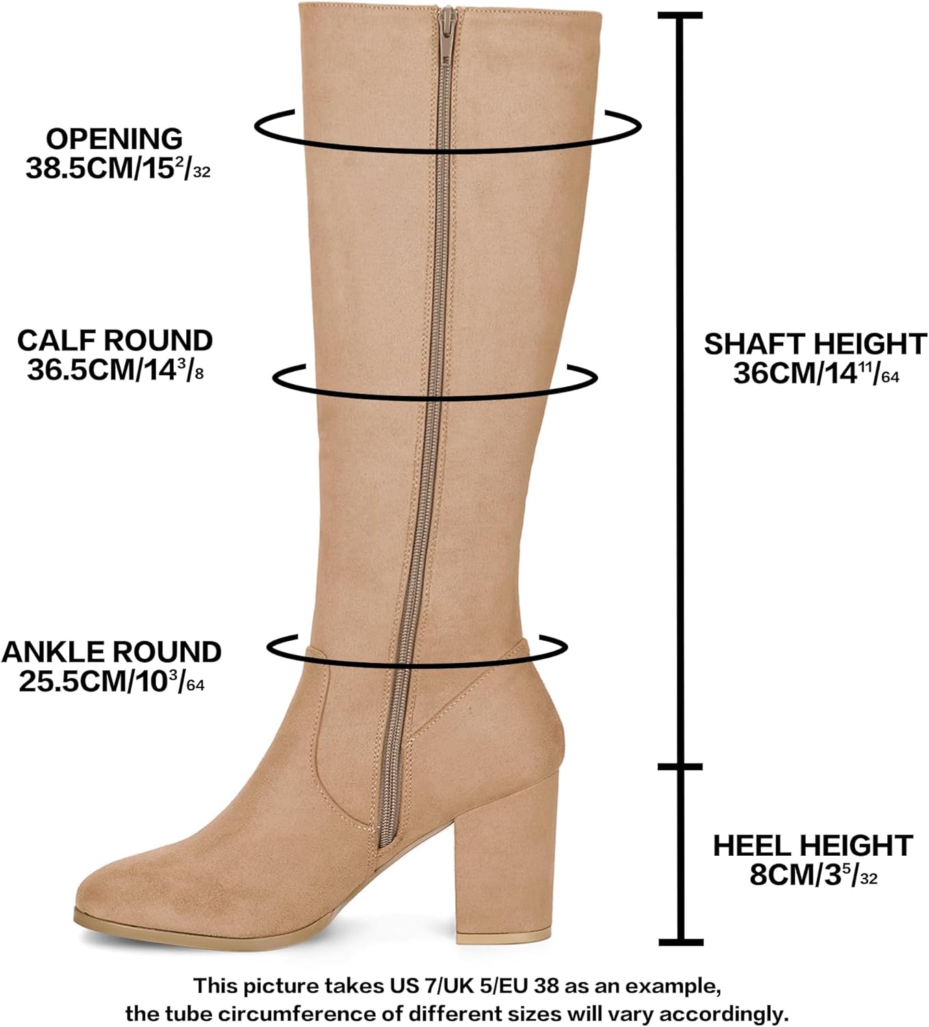 Allegra K Women's Side Zipper Chunky Heel Knee High Khaki Boots 6.5 M US - - Image 2