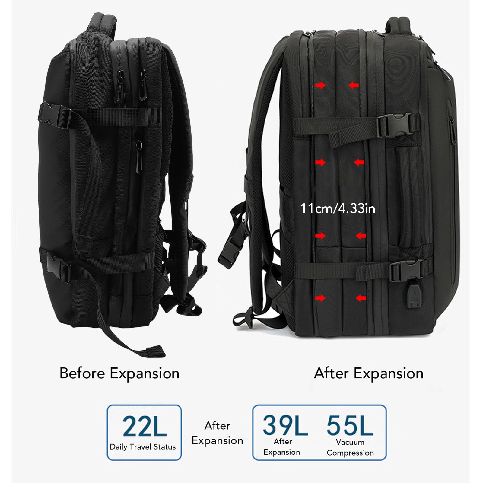 Vakuum -Rucksackreisen, 55L Erweiterbarer Reiserucksack mit Luftpumpe, USB -Ladeanschluss, Wasserdicht, Vacpack -Kompressions -Umhängetasche für Geschäft, College, Camping