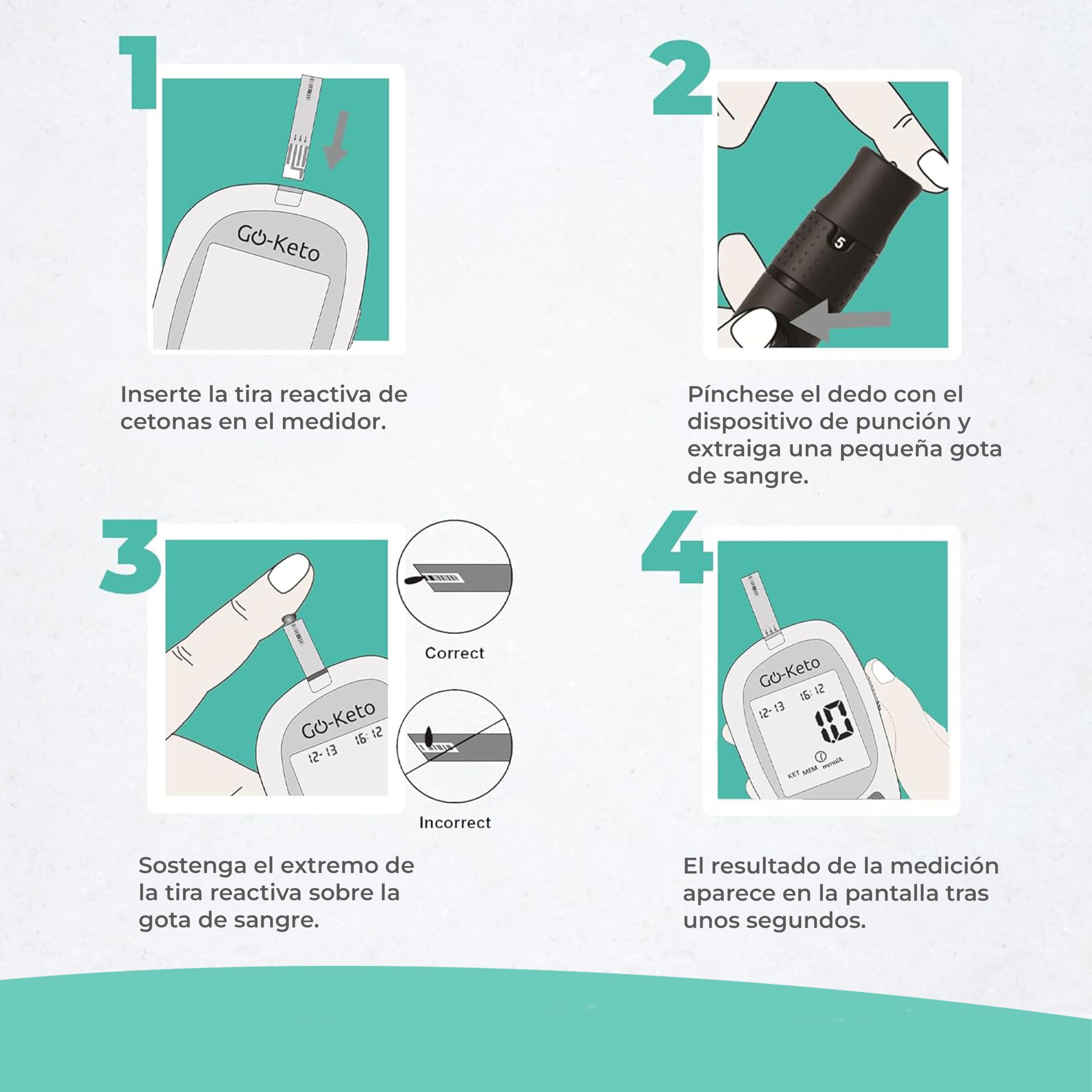 Medidor de cetonas Go-Keto (mg/dl) – Medidor de cetonas con 10 tiras reactivas – Mide fácilmente la cetosis para la dieta cetogénica