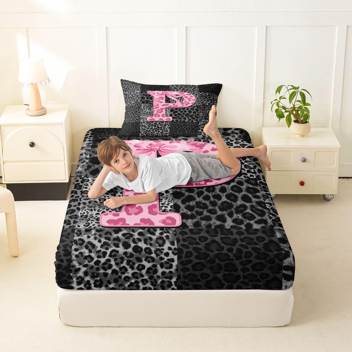 Erosebridal Initial Letter P Fitted Sheet Twin African Leopard Bowknot Bed Sheets for Kids Girls Safari Patchwork Cheetah Bedding Set Luxury Fashion Bow Bed Cover 2 Pcs
