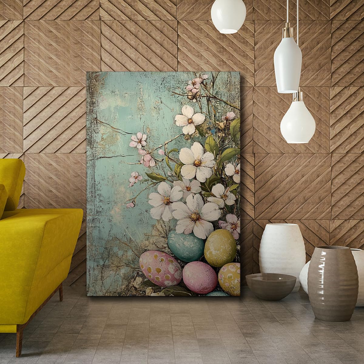 YUNART Duża dekoracja pisanek vintage kwiatowy botaniczny styl farmhouse płótno oprawione do łazienki 60 x 90 cm rama wewnętrzna
