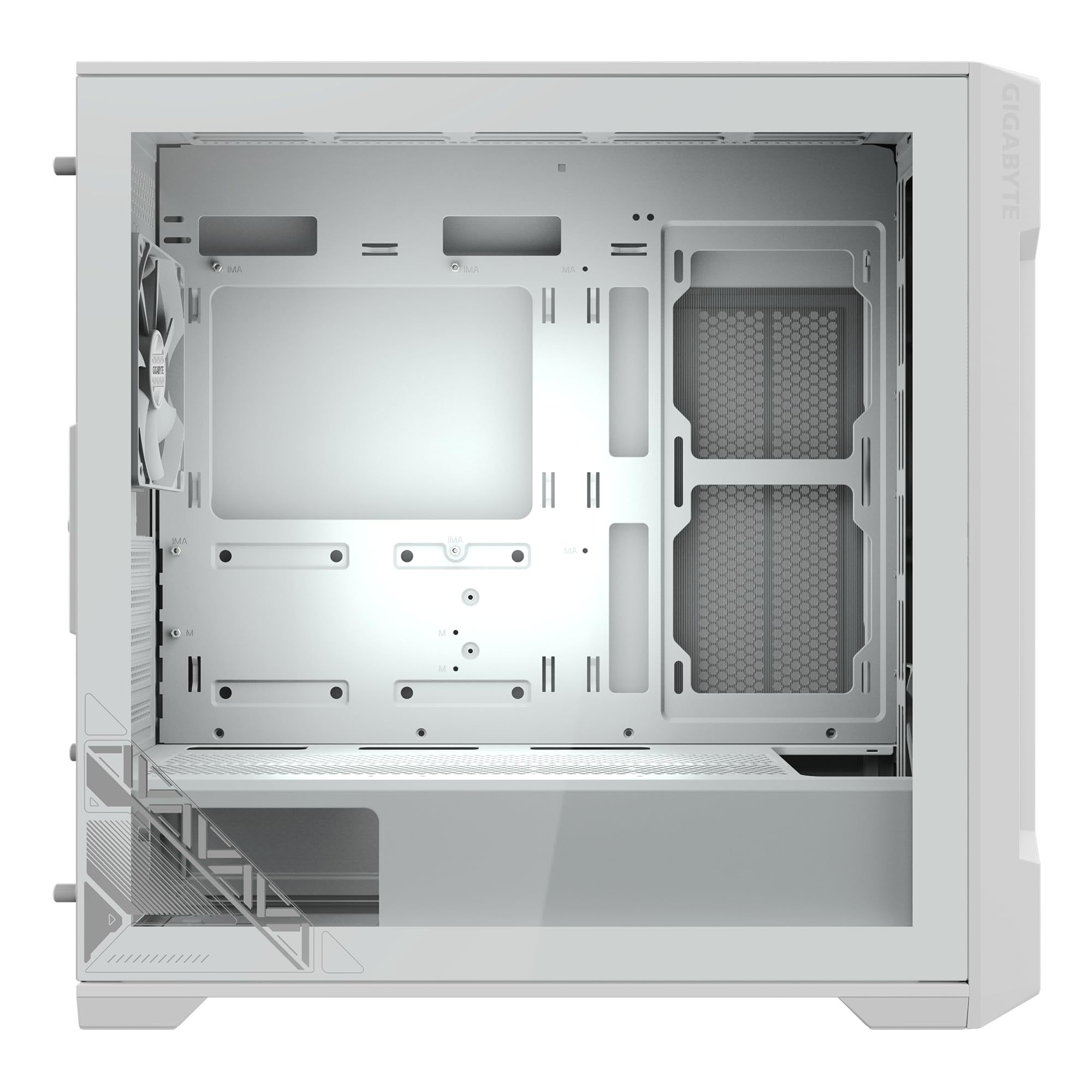 GIGABYTE C102 Glass Ice - Carcasa Blanca para Juegos de PC de Torre Media, Vidrio Templado, Cubierta de Fuente de alimentación, 2 Ventiladores de 120 mm (GB-C102GI)