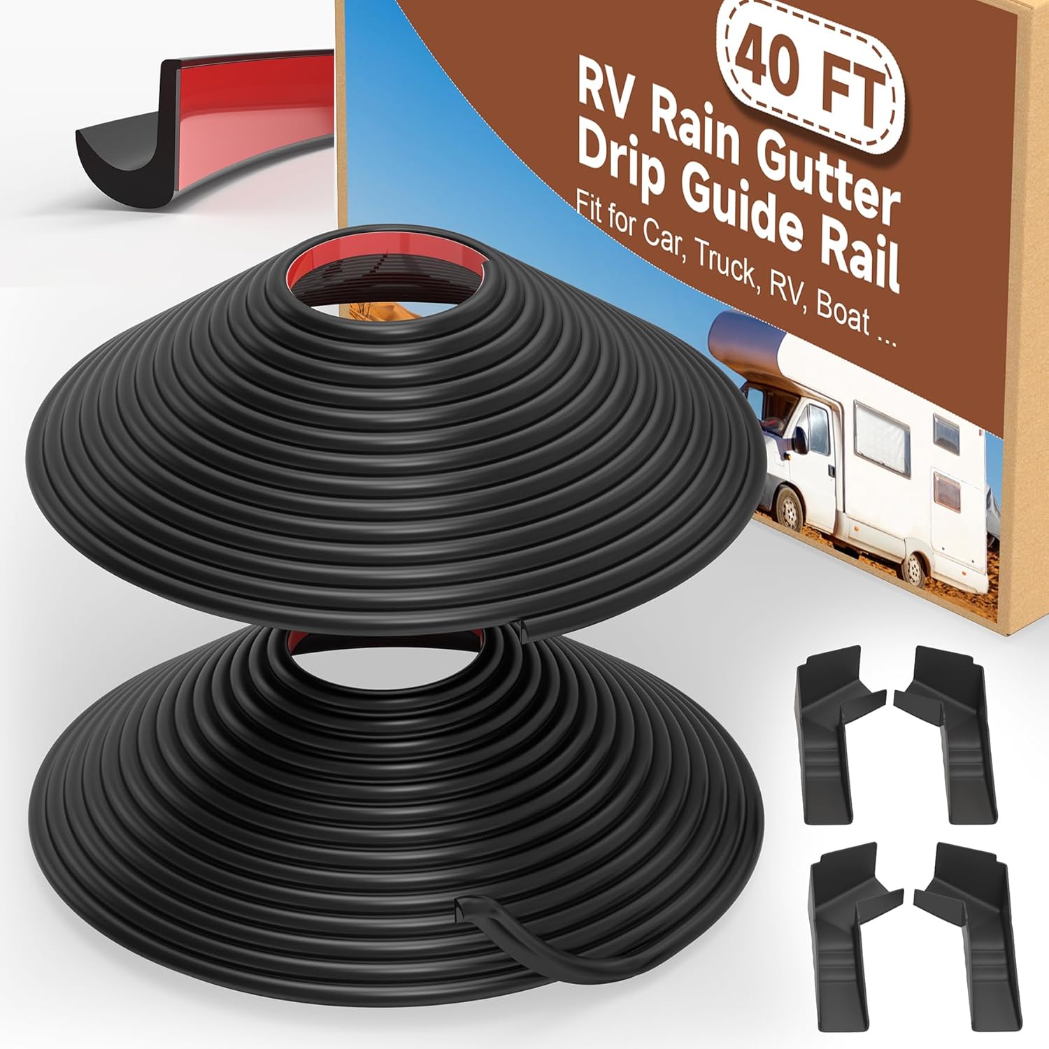 BJADE'S 40 FT RV Rain Gutter Drip Rail Plastic Roof Rain Diverter with 4 Packs RV Gutter Spout Caps,Flexible J Shape RV Trim Molding Fit for Car, Truck, RV, Boat