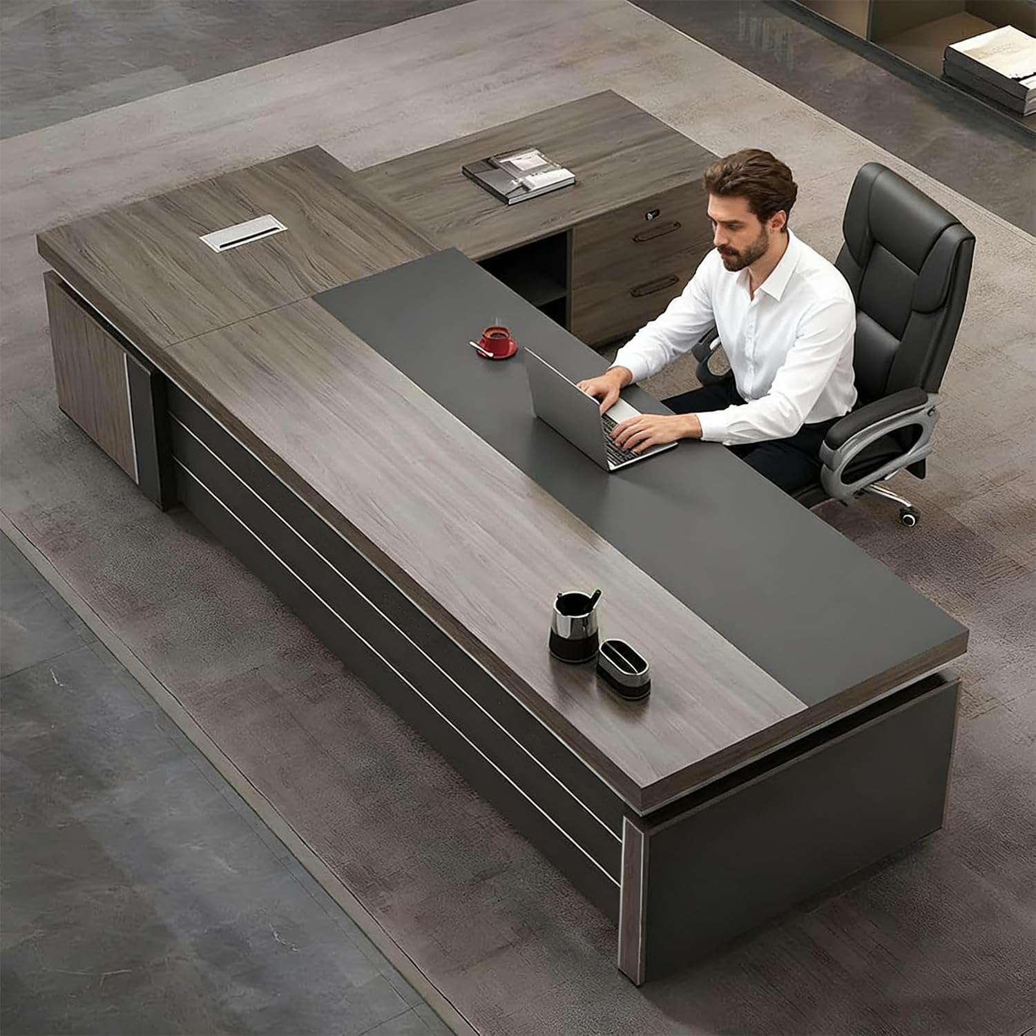 RATRUP L-Shape Modern Executive Desk, L-Shape Office Executive Desk Without Chair, Manufactured Wood Computer with Drawers and Storage, Management