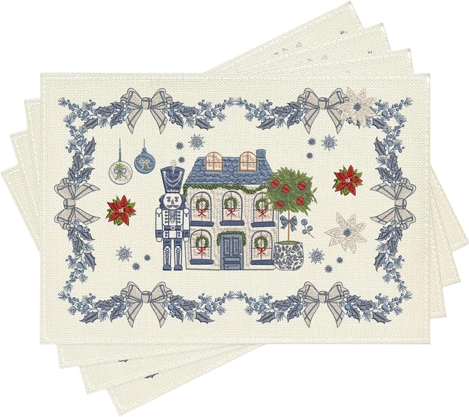 4/6PC Christmas Mat Blue and White Winter Leaves Snowflake Christmas House Nutcracker Table Theme Restaurant Decoration(4PC30X45CM(1X1.5FT)