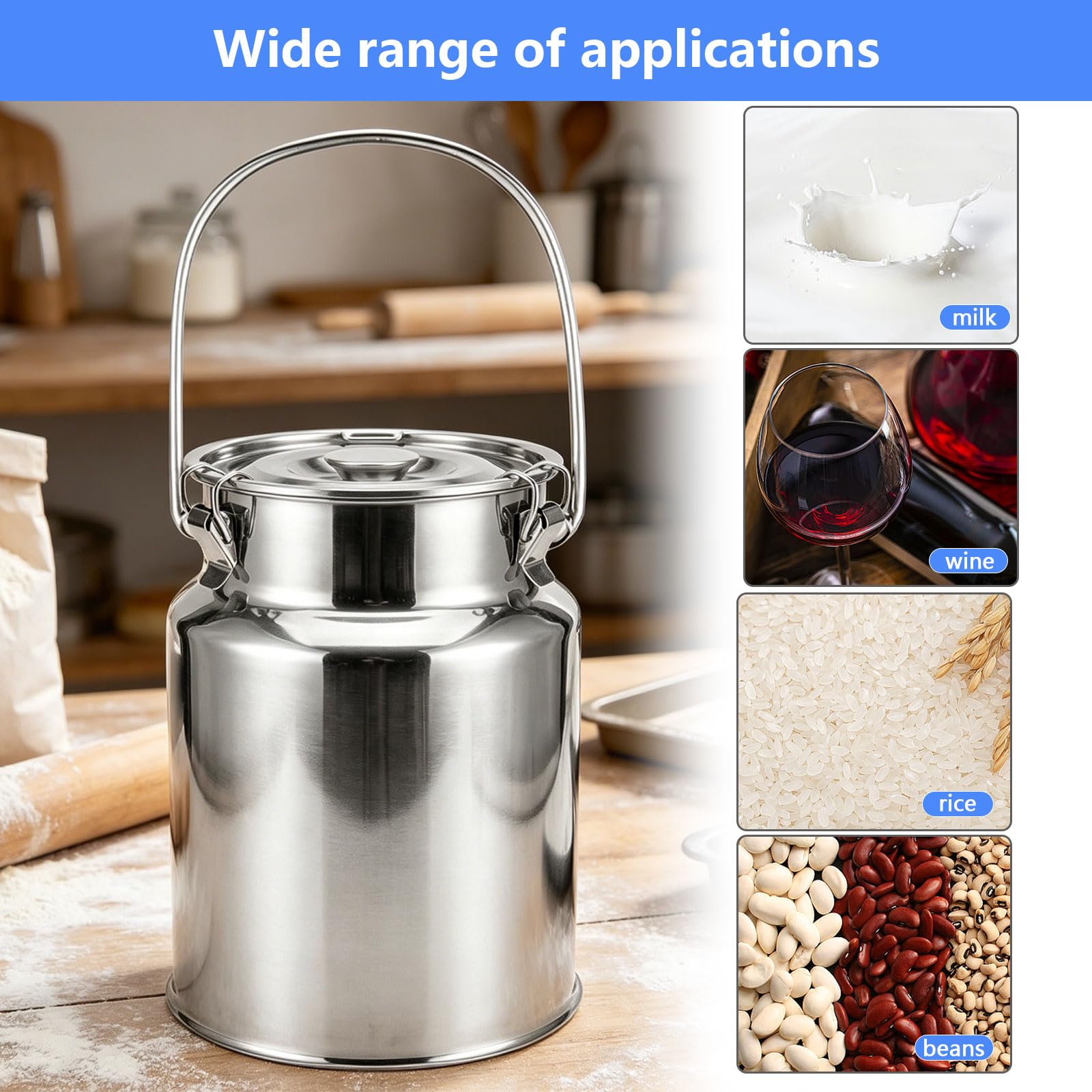 Brocca per Il Latte in Acciaio Inossidabile, Contenitore Ermetico per La Conservazione del Latte Secchio per Il Latte con Coperchio per Latte, Cereali, Chicchi di caffè,11L 22x30CM