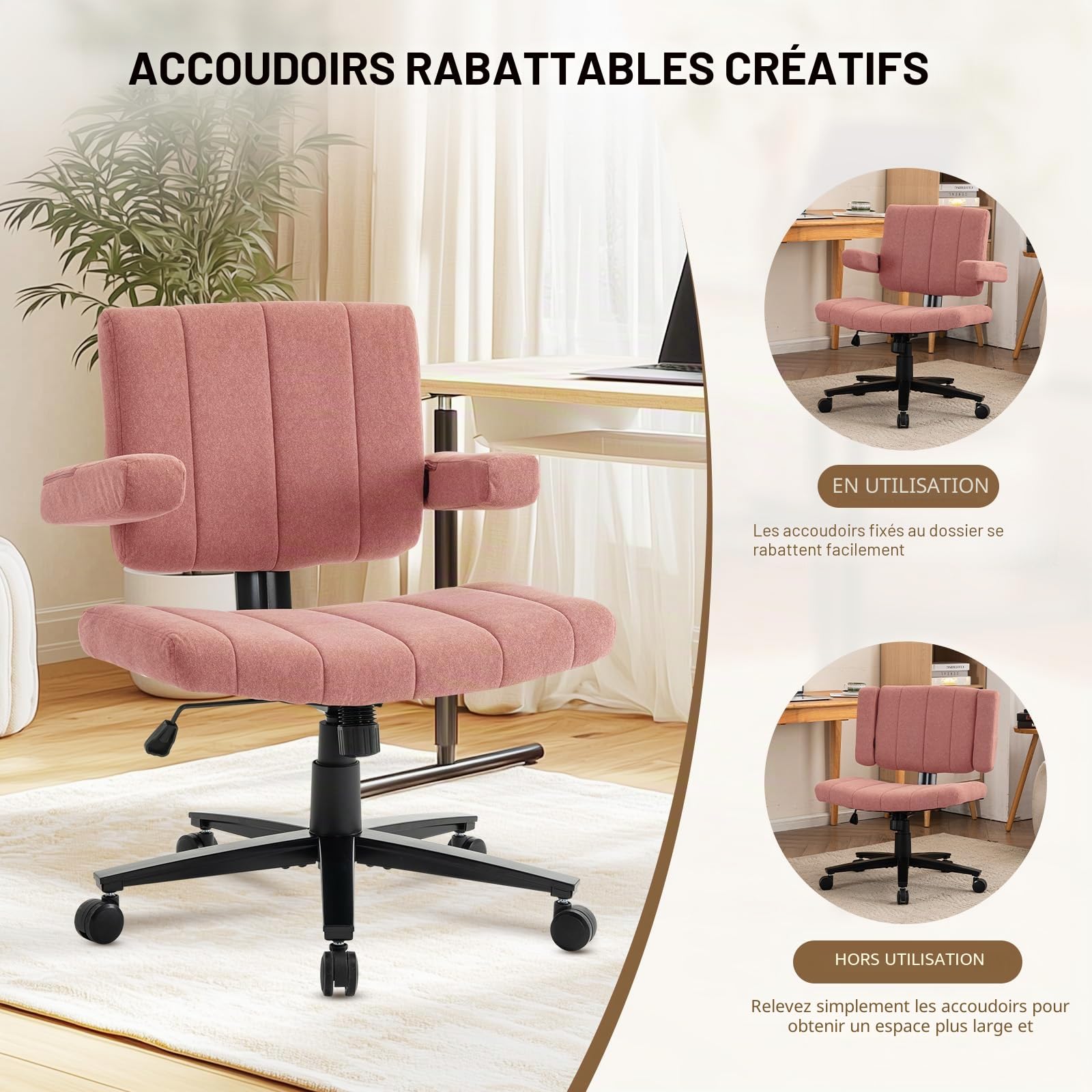 Vigosit Criss Chaise croisée avec roulettes, accoudoir Large réglable, Tissu antidérapant, Coussin Confortable, Style Moderne, pivotant, pour la Maison, la vanité, Le Bureau, Rose