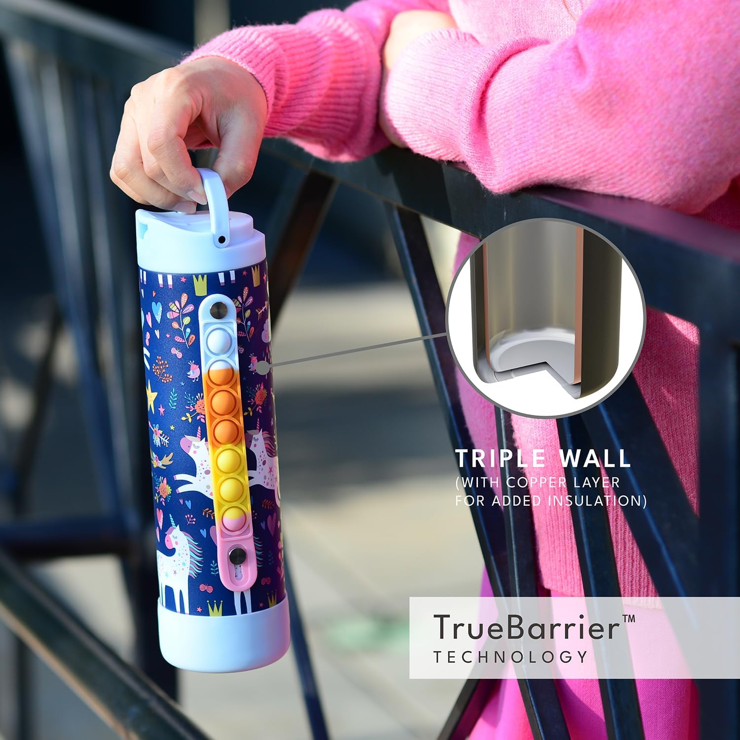 Elemental Iconic Kids Water Bottle for School - 100% Leak-Proof Insulated Water Bottles with Straw Lid & Pop-It Handle for Boys & Girls - Triple-Wall Insulated & BPA-Free, 20oz – Unicorn - Image 4