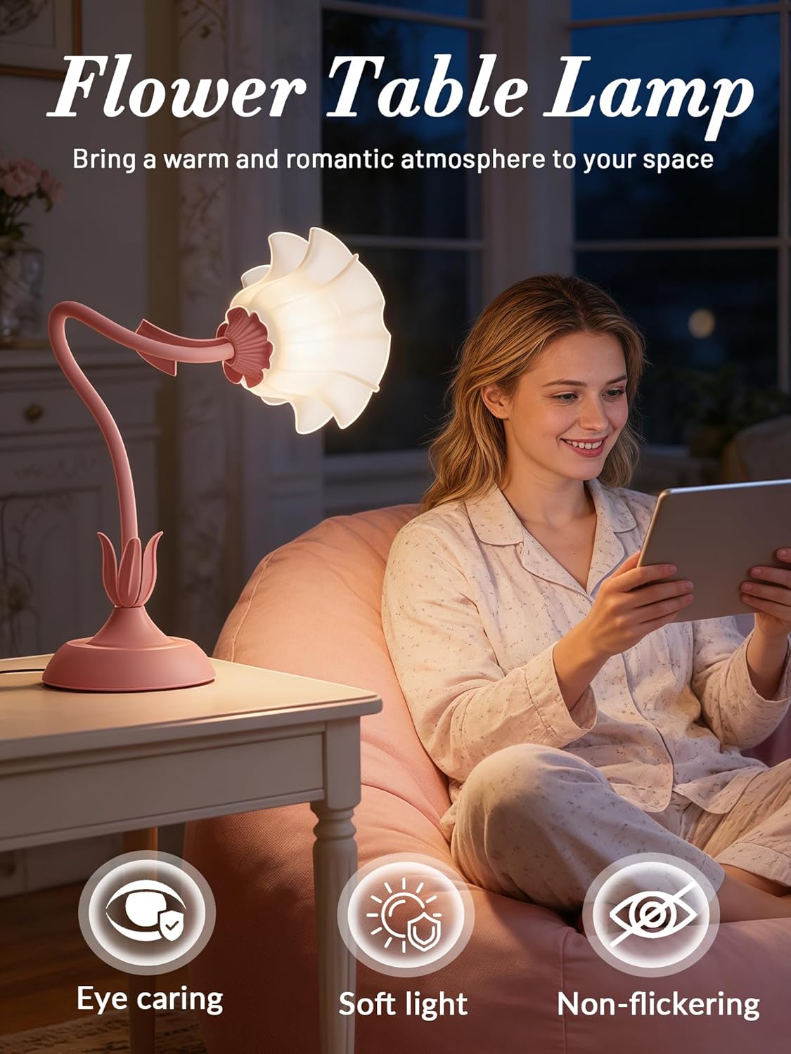 Flower Table Lamp Bedside Lamps LED Reading Light,3 Color Modes Cute Small Lamp,Vintage Flower Lamp Nightstand Lamp Kawaii Table Lamp for Bedroom Living Room Office Dorm Desk Home Decor (pink lamp)