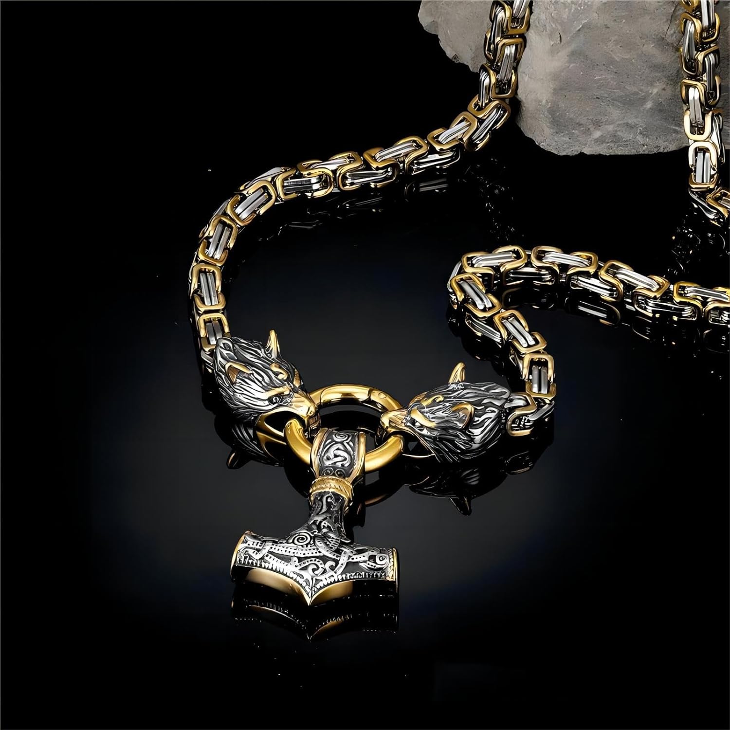 Viking Necklace King Chain with Thor Hammer Mjölnir Wolf Head Pendant 316L Stainless Steel Amulet Jewellery Gift(7 Color 3 Size)