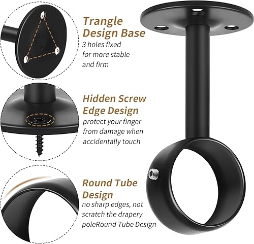 Miniatura 5 de TOKPLNU Soportes de barra de cortina de techo, soporte de barra de cortina resistente, ganchos negros para barra de cortina para pared, acero