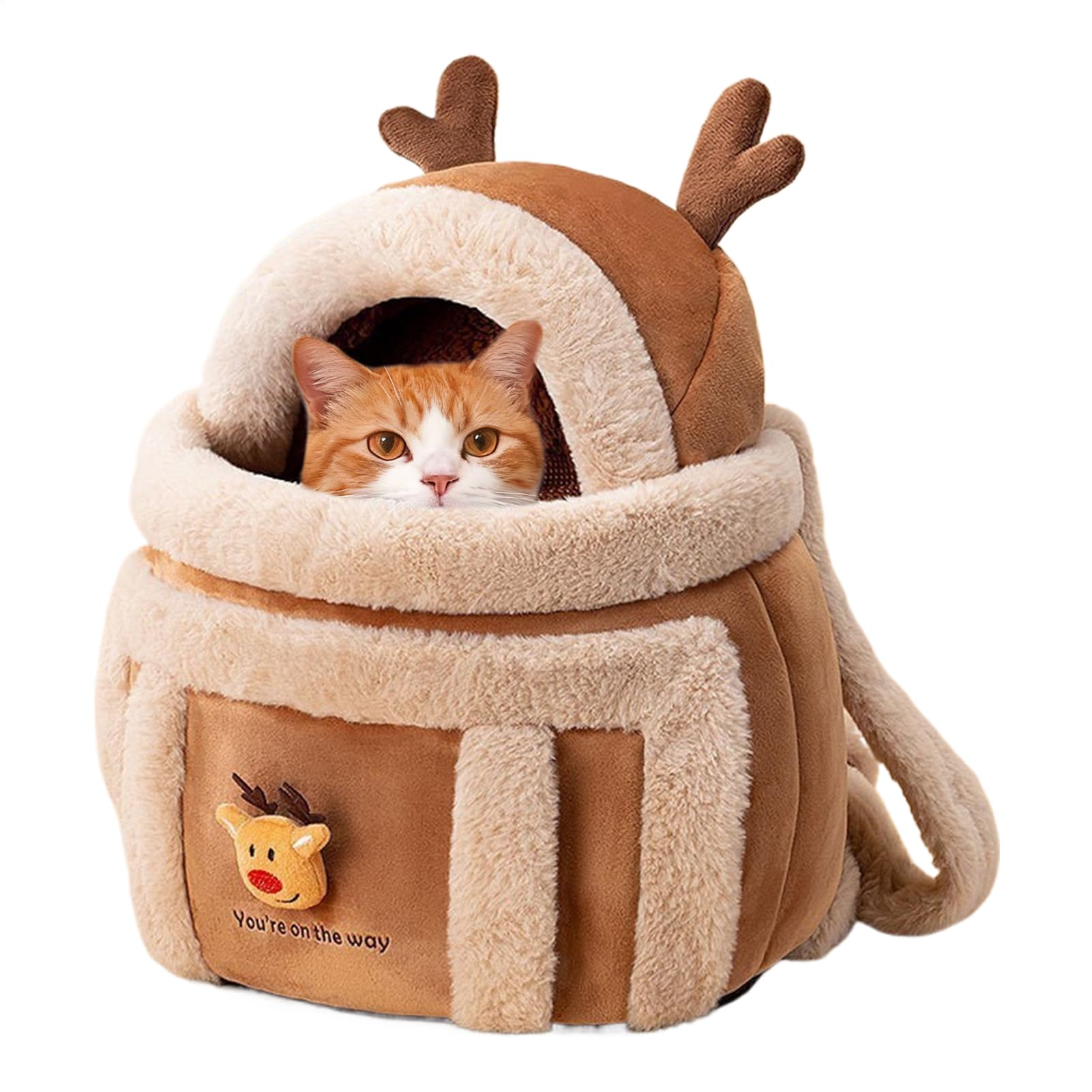 Reindeer-Shaped Pet Carrier Bag, Winter Warm Portable Pet Chest Mounted Carrier With Adjustable Drawstring Interactive Window, Pets Carriers For Cats Dogs Puppy Kitten Travel Hiking Outdoor Camping