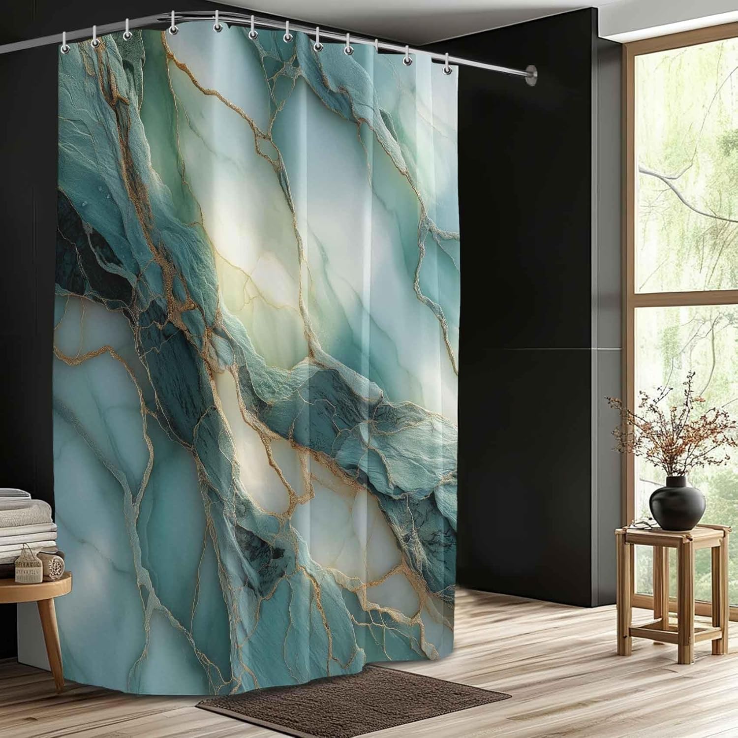 Green Marble 72x75 Inch Shower Curtain for Bathroom Decor, Ombre Texture Curtain for Bathroom, Modern Abstract Luxury Waterproof Fabric Shower Curtain with Hooks