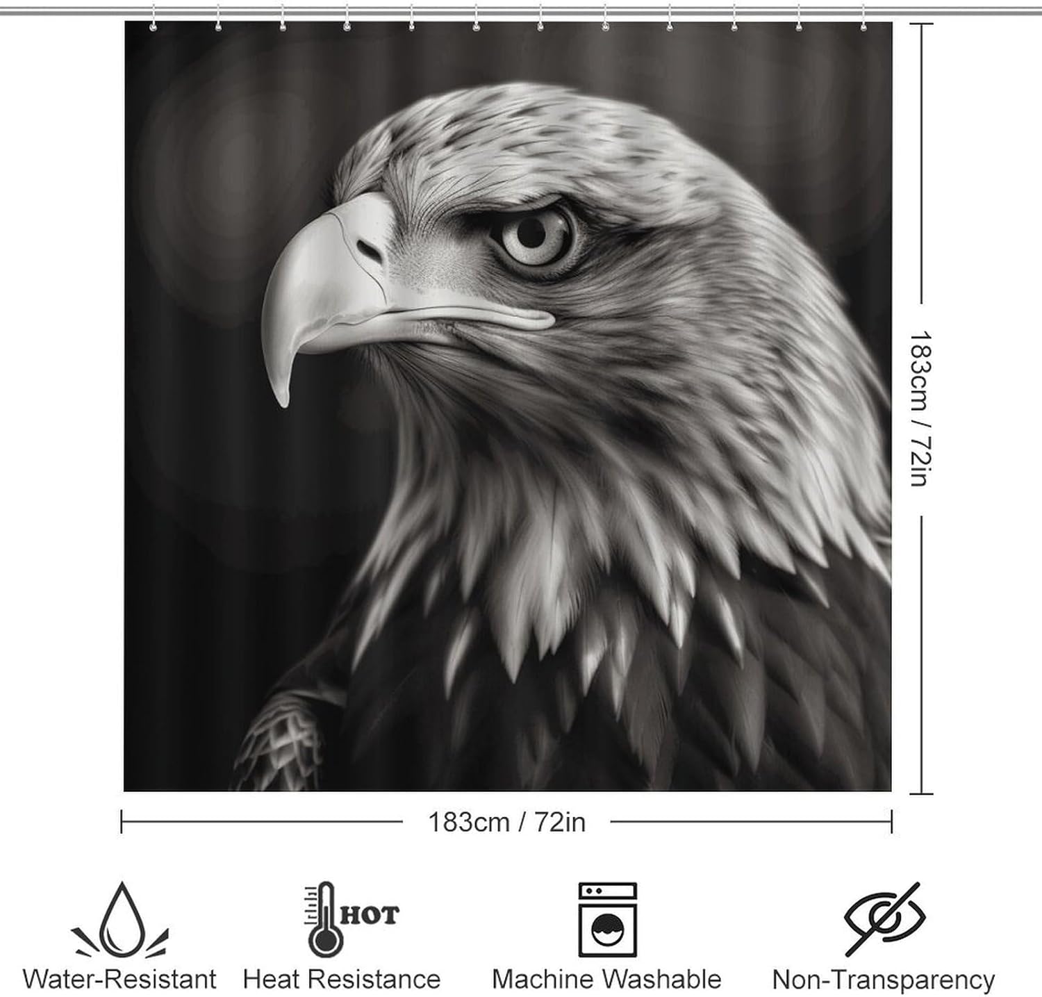 Eagle Black and White 4Pcs Shower Curtain Set with Non-Slip Rugs, Toilet Lid Cover and Bath Mat,Bathroom Set Decor Accessories,Curtain Set with 12 Hooks, 72 X 72 Inch