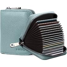RFID 20 Card Slots Credit Card Holder Genuine Leather Accordion Card Case Small Wallet for Women or Men with Zipper Blue