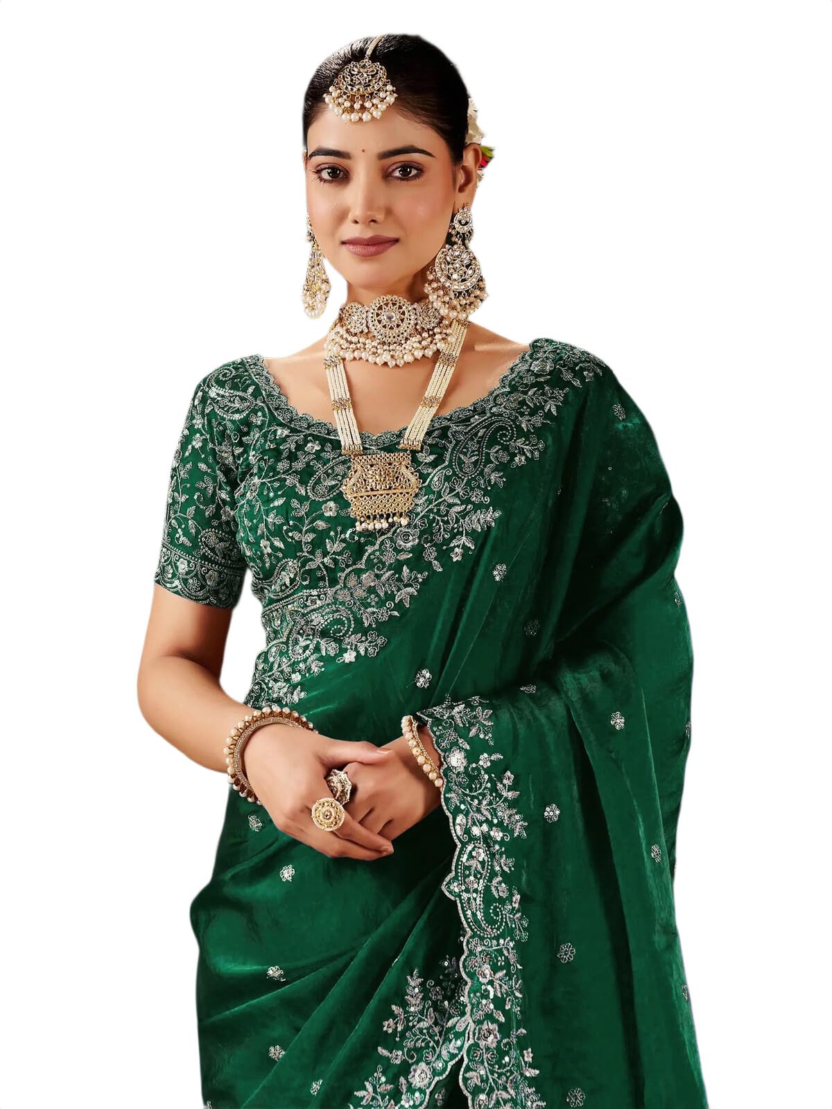 satrani Women's Tissue Satin Scalloped Border Sequins Embroidery Saree with Unstitched Blouse Piece-picture-32