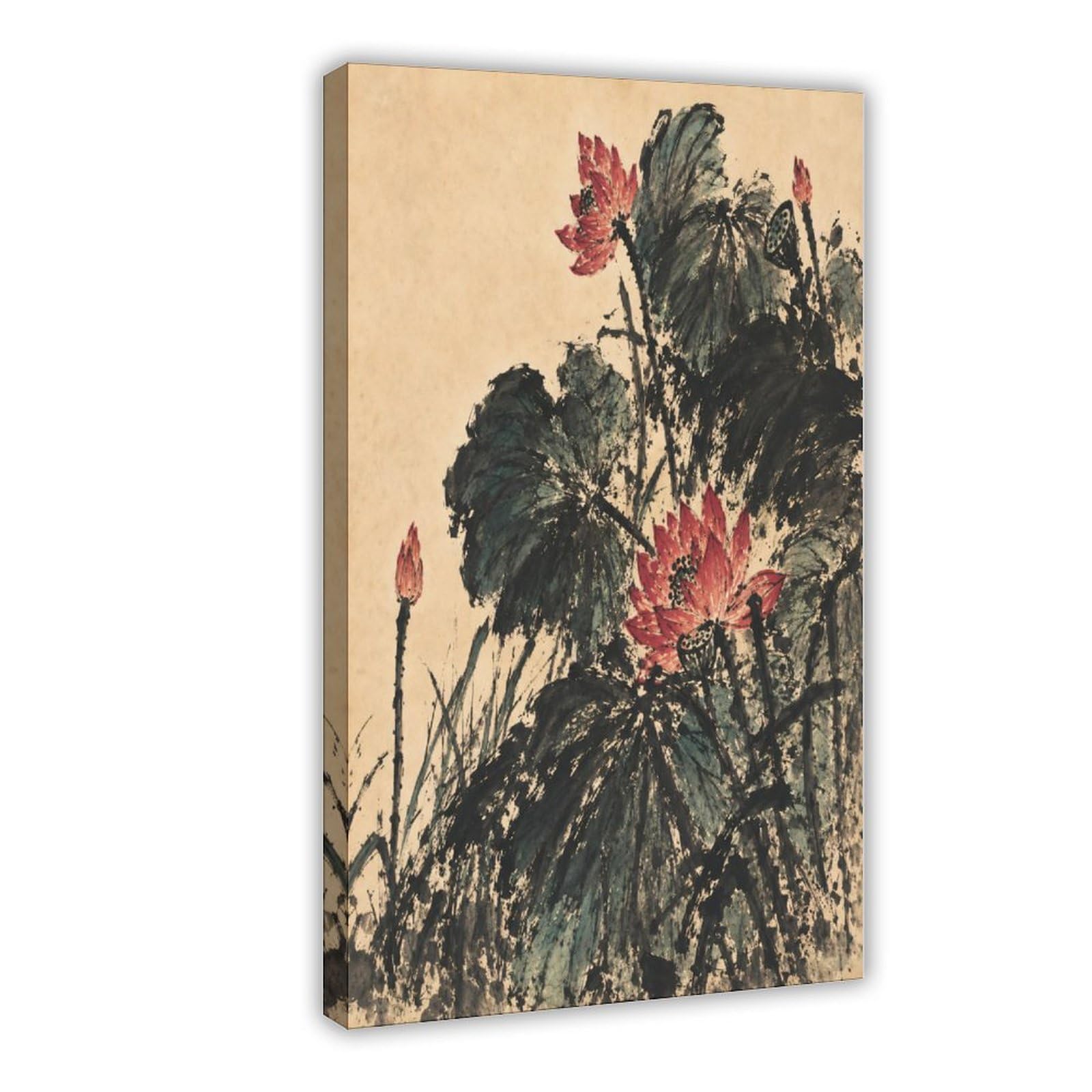 W7c8u2x3 Frame-Style-3 Dark Lotus Flowers Canvas Wall Art, Gongbi Painting Gallery Wall