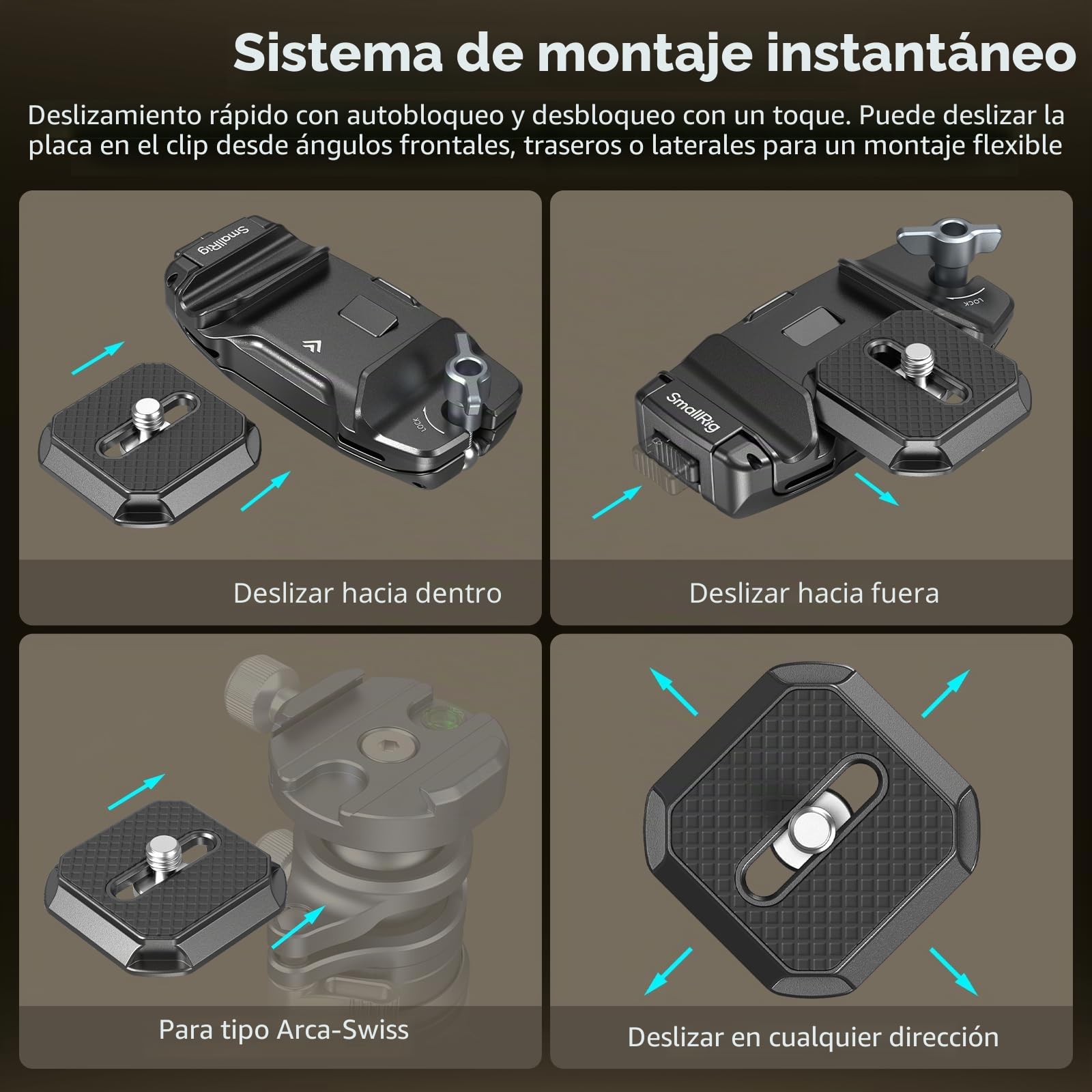 SMALLRIG Clip para Cámara con Placa, Sistema de Liberación Rápida para Sony, para Nikon, para Fujifilm, para Cámara de Acción DSLR, para Arca-Swiss - 5053