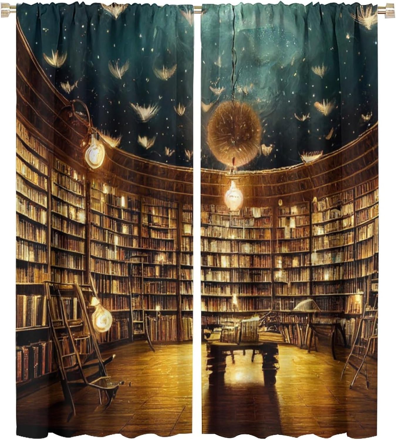 Magic Library Curtains, Bright Bookshelf Under Mysterious Nebula Starry Sky, Blackout Rod Pocket Window Treatments for Living Room Reading Room Bedroom (21x54in) x2 Panels