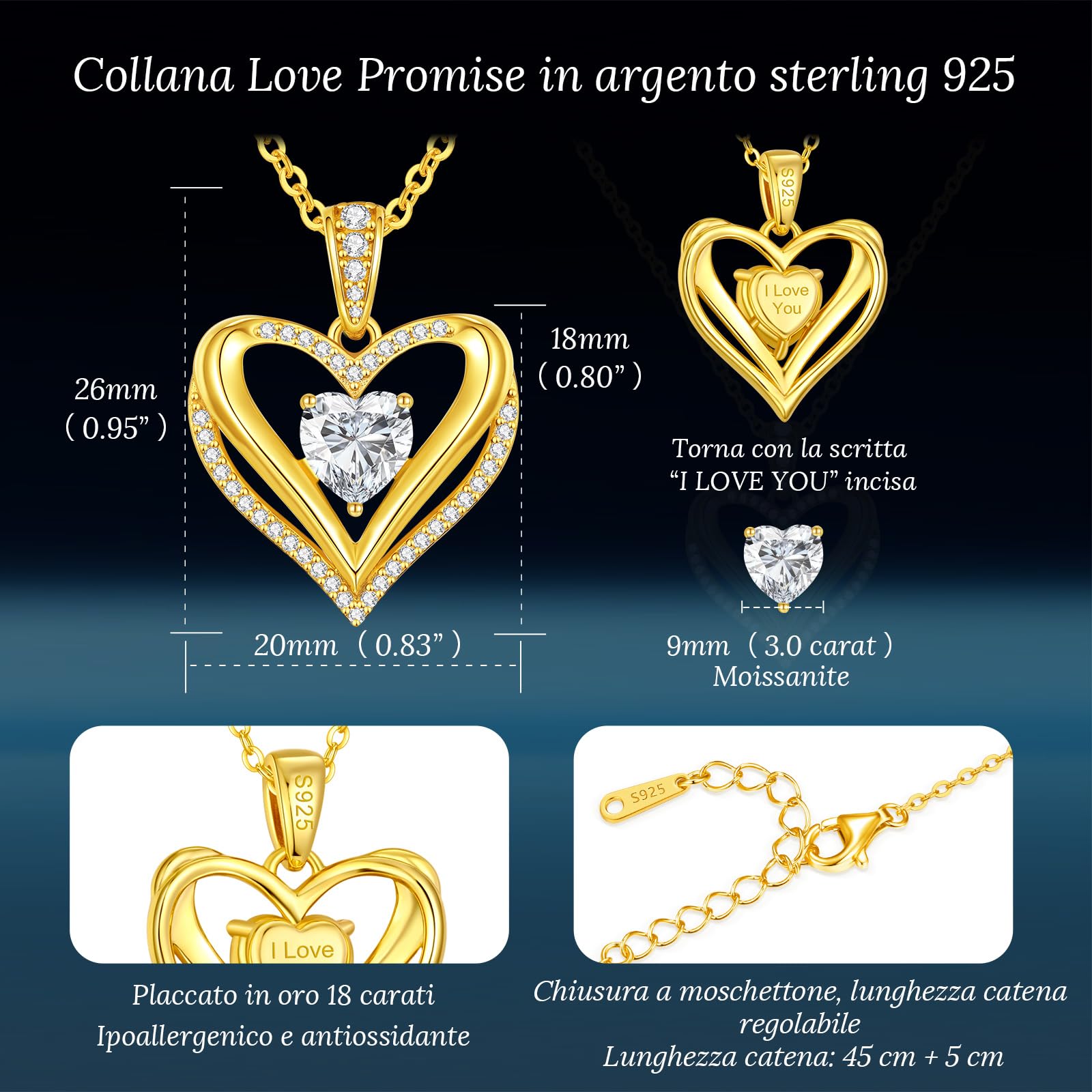 CDE Collana Donna Cuore Moissanite Amore Eterno Argento 925 Regalo Donna | Taglie da 1-3 Carati Luminosa Gioielli per Lei San Valentino Natale Regalo di Anniversario,Compleanno,Moglie,Fidanzata,Mamma