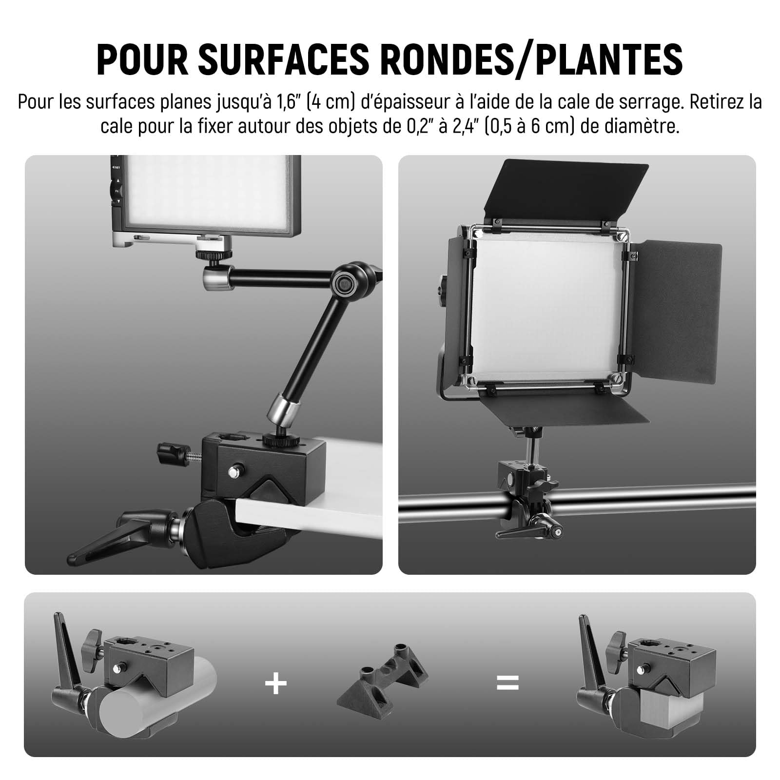 NEEWER Pince Super Robuste Charge Max 33lb/15kg, Pince Crabe 2,4" pour Perche Ronde Surface Plate avec Goujon 5/8"/Verrouillage à Ressort/Chiffon de Nettoyage pour Éclairage de Studio Photo, UA017