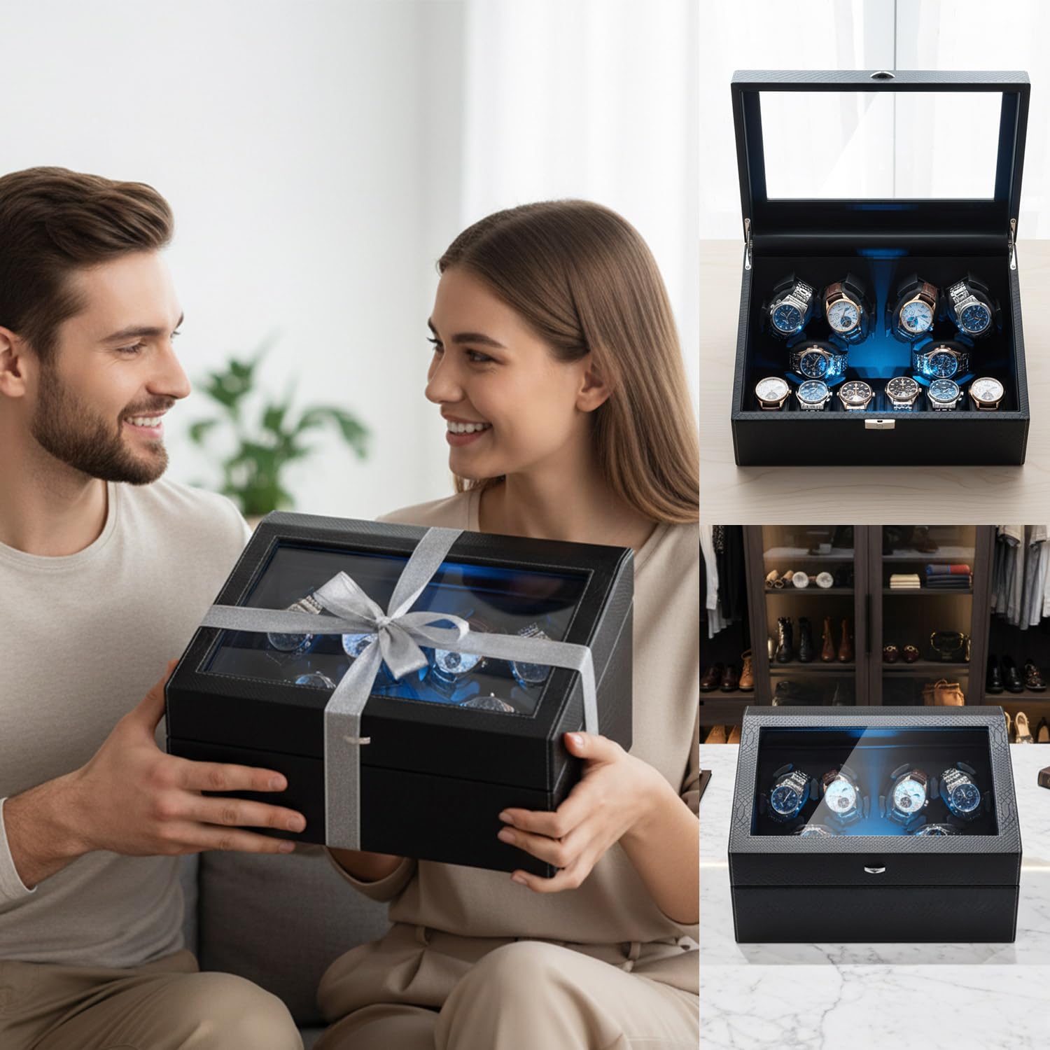 Mcbazel Carica Orologi Automatico Ultra Silenzioso con Luce LED, Scatola di Conservazione di Lusso per 6 Orologi con 5 Modalità di Rotazione e 6 Posizioni di Conservazione Aggiuntive