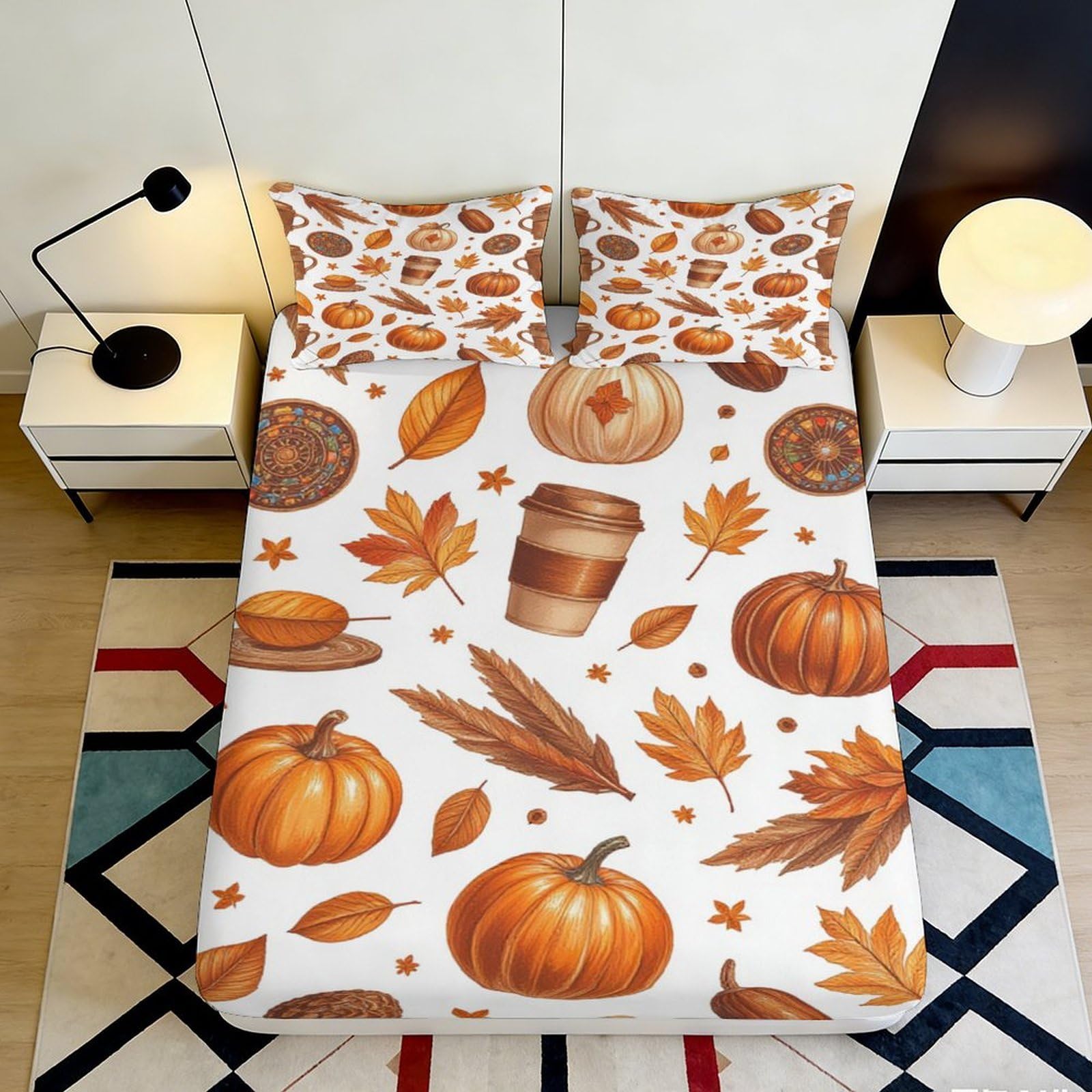 Pnayamiorkfel Style-6 3D Printed Pumpkin Coffee Autumn Leaves Fitted Sheet Microfiber Soft Mattress Cover For Bedroom Guest Room Decor 90X200x25cm