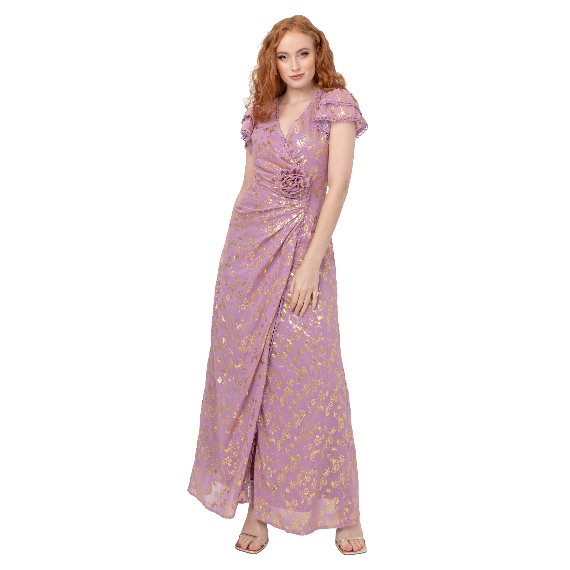 Maya Deluxe Women's Maxi Dress Ladies Wrap V-Cuello Corto Tiered Flutter Sleeve Gold Foil Jacquard Corpiño A-Line Prom Ball Gown Vestido para Mujer