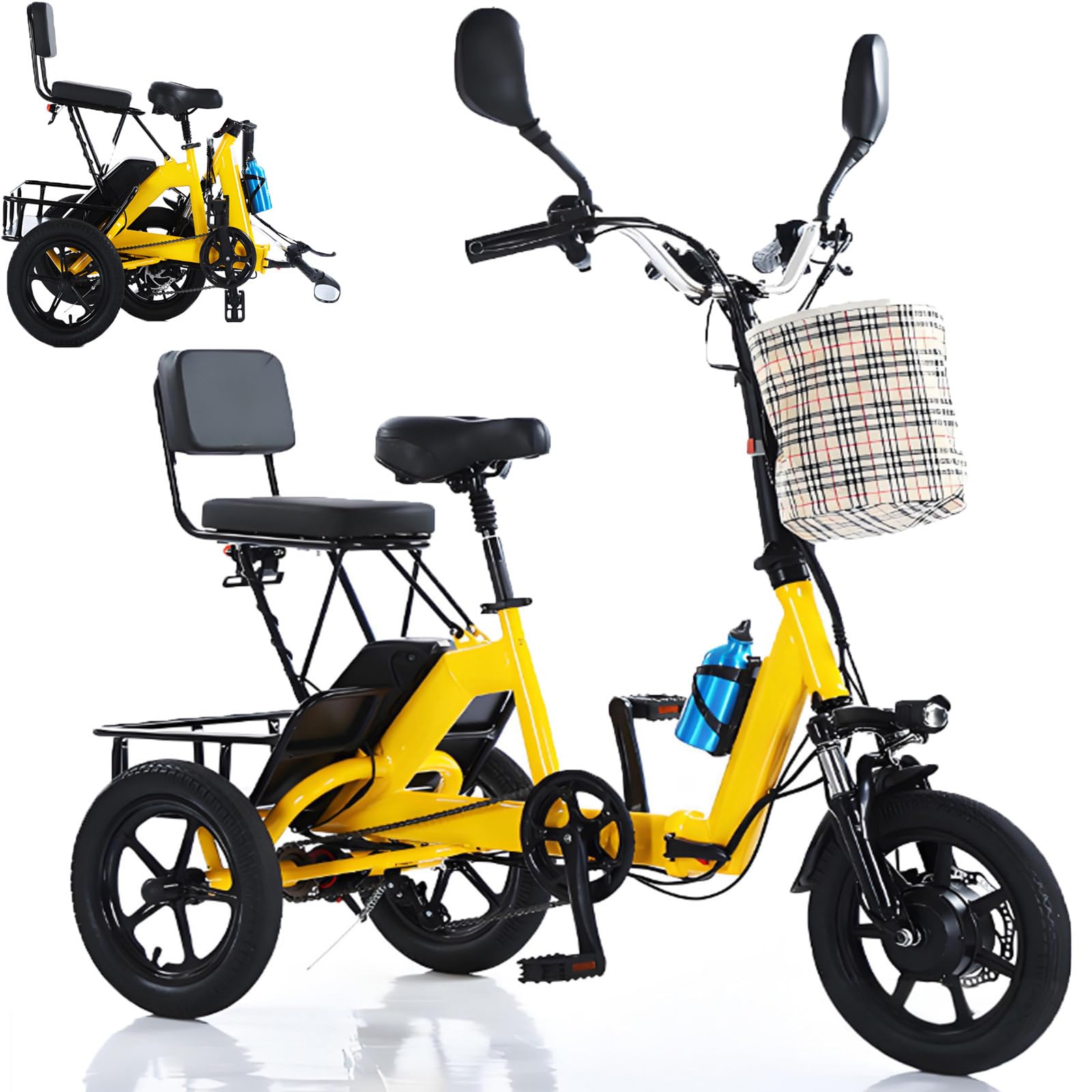 ErShangMao Adult Electric Tricycle Bike, 2026 Heavy-Duty Electric Trike With 200kg Load, Foldable Commuter 3-Wheel Tricycle Bike, Rear Basket & Seat,20km/H, 40km Range, For Shopping & Commute Yellow