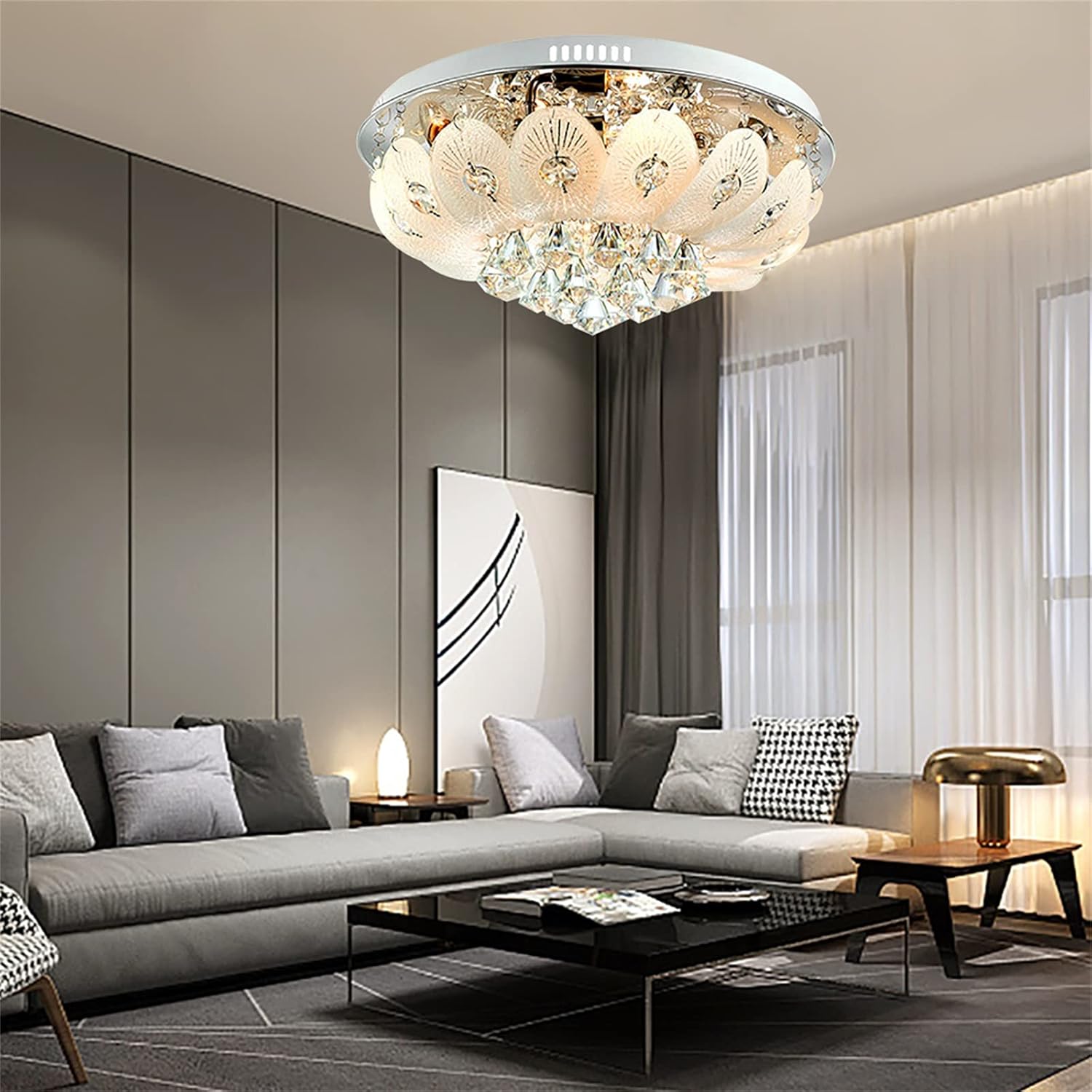 Luxury Modern Chandelier Flush Mount LED Crystal Ceiling Light Peacock Tail Pendant LED Lighting Fixture with Remote Control for Living Room Dining Room Bedroom Restaurant Hallway,D19.6''