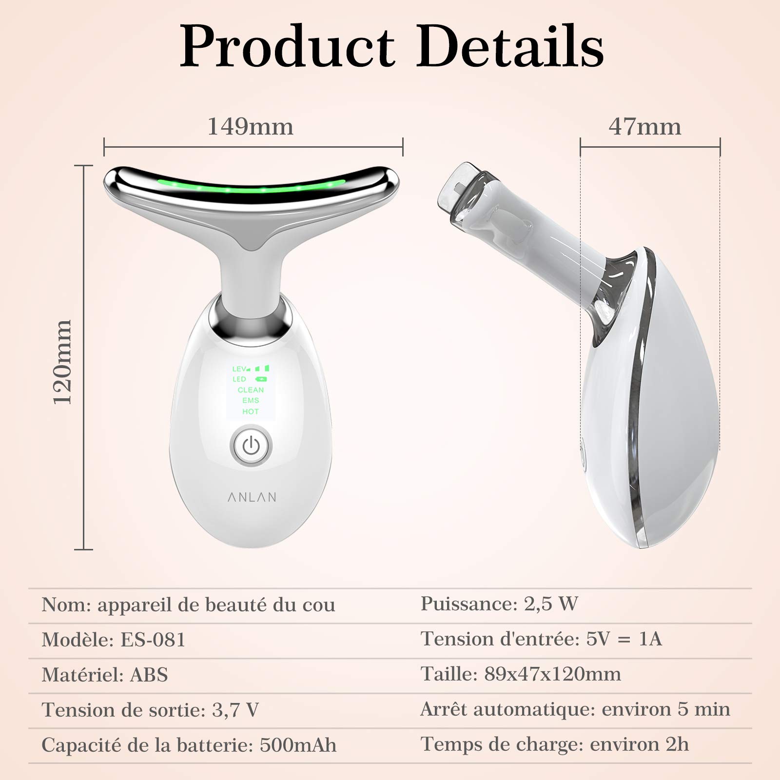 Appareil Anti Rides Visage, ANLAN Appareil de Beauté, Soins de la Peau Dispositif de Beauté avec Lifting EMS Massage, Tonification Pour Le Visage Raffermissement Levage Cou(45℃)