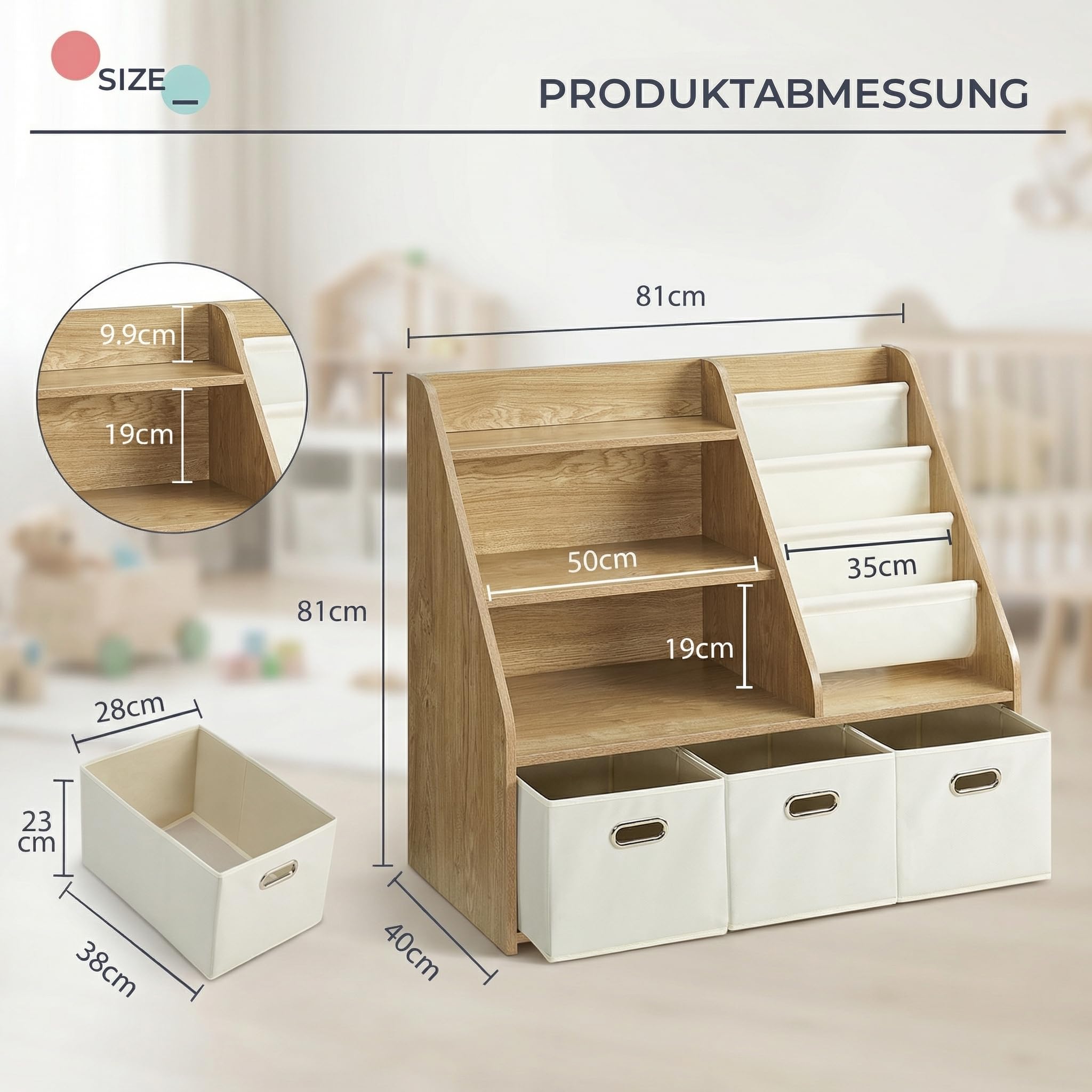 Bibliothèque pour Enfants avec Rangement - Étagère à Jouets Montessori à 4 Niveaux en Bois avec 3 tiroirs et 4 boîtes en Tissu - Organisateur pour Chambre d'enfant et Salle de Jeux