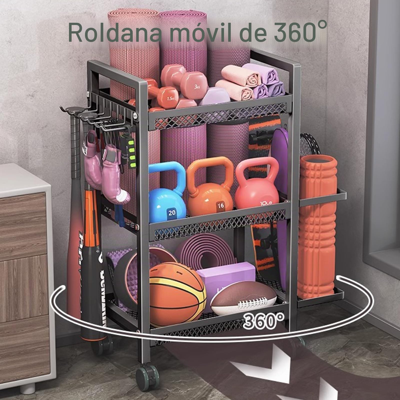 Soporte Mancuernas con Ruedas, Estante Almacenamiento Gimnasio Casa para | Esterilla Yoga Pesas Rusas, Deporte en Casa, Kettlebell, Soporte Pesas Organizador Fitness Multifuncional Acero Carbono