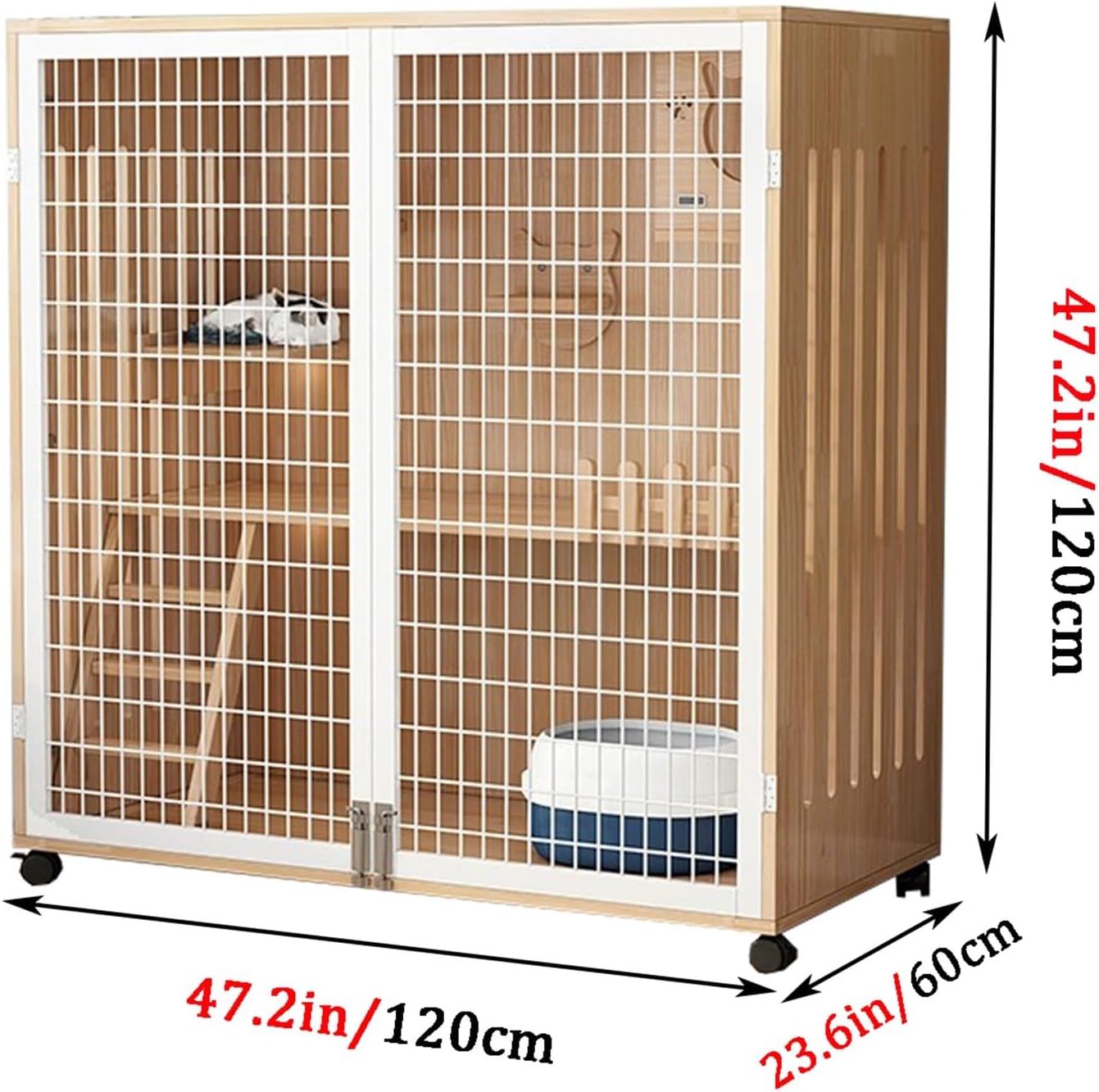 Cat Cage, Thickened solid wood Cat Enclosures, Multi-layer luxury space, Transparent tempered glass, Mesh ventilation and movable pulley, Kattstängsel för 1-3 kattungar(Wood color,47.2x47.2/12