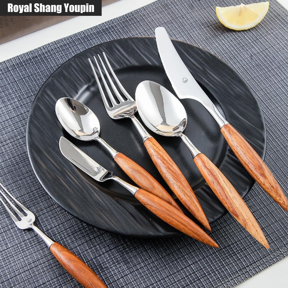 Manico in Legno Massello Di Palissandro Cucina Posate in Acciaio Inossidabile Stoviglie Posate Set Coltello Da Bistecca Forchetta Cucchiaio Cucchiaino (7 pezzi)