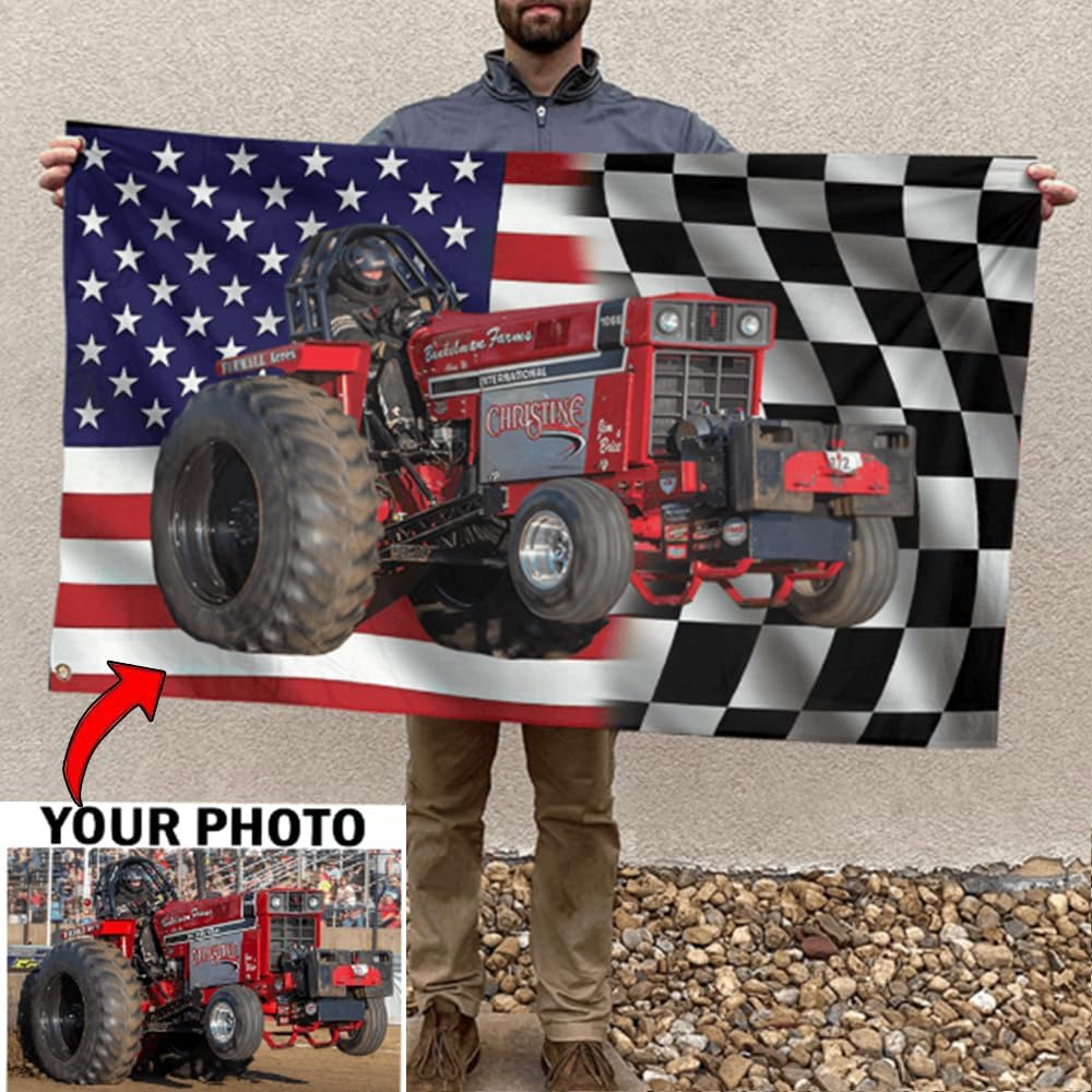 Truck Pulling Personalized Photo American Flag For Super Stock Diesel Trucks Lovers, Tractor Pulling home decor, Birthday Xmas gift for Truck Tractor Pull racers, Super Semi Pulling, 100% Polyester (BK505)