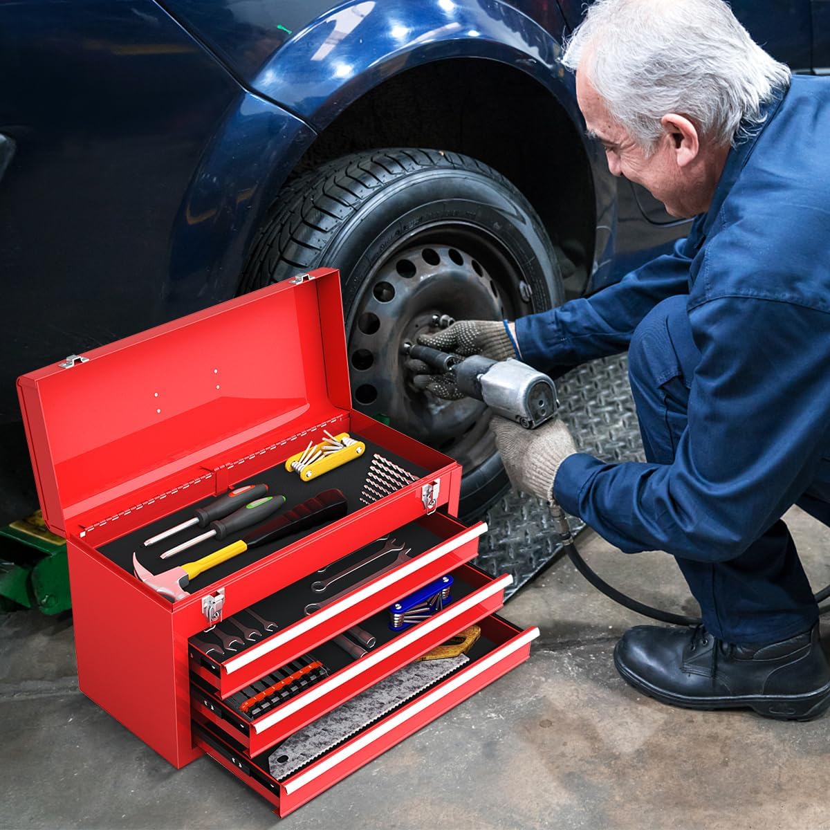 IRONMAX Portable Tool Box, 20.5’’ Lockable Steel Tool Chest Cabinet w/Comfortable Handle & 3 Drawers, Heavy Duty Storage Toolbox Tool Organizer for Garage, Warehouse, Home, Red